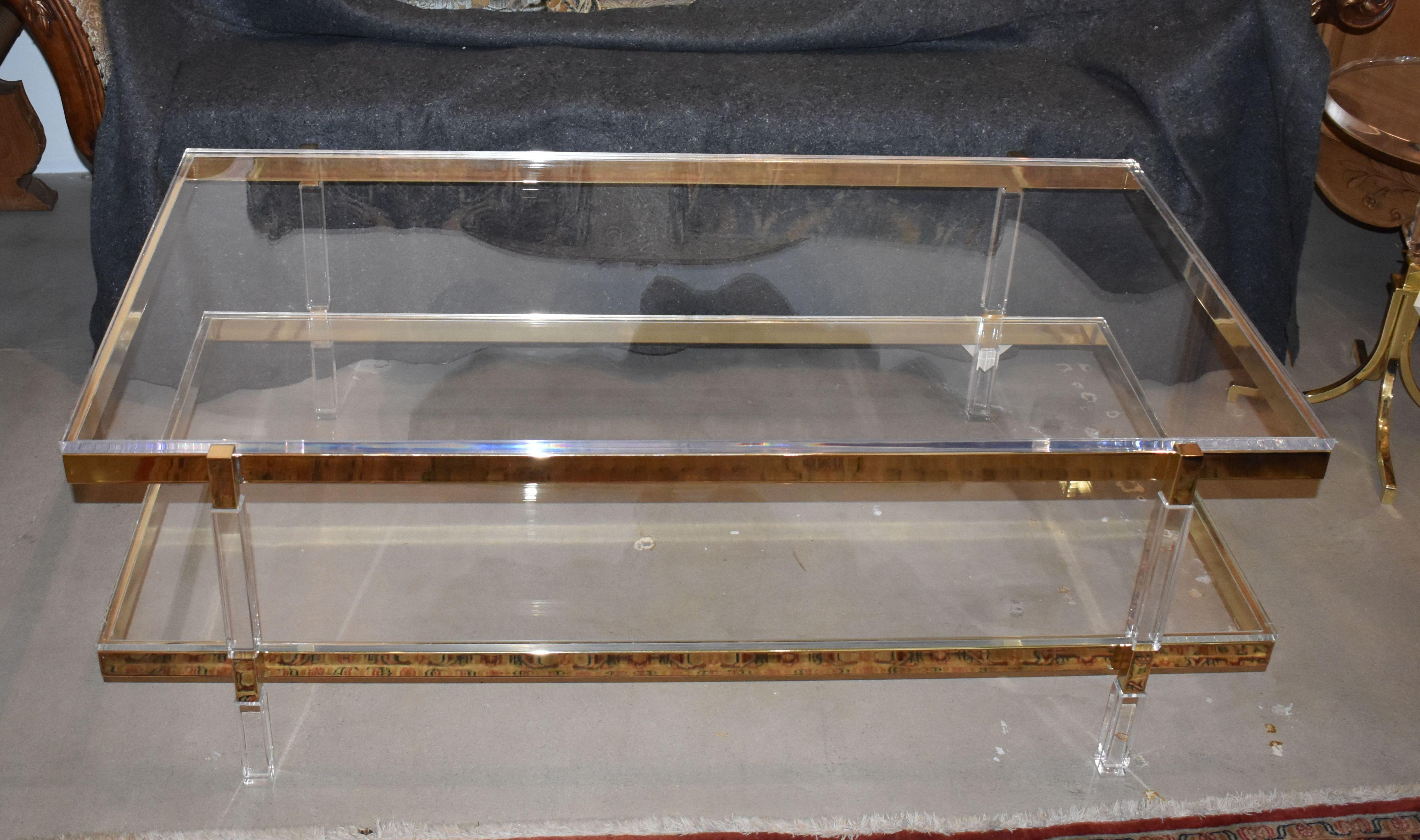 Two-Tier Brass Coffee Table Lucite Signed by Charles Hollis Jones For Sale 3