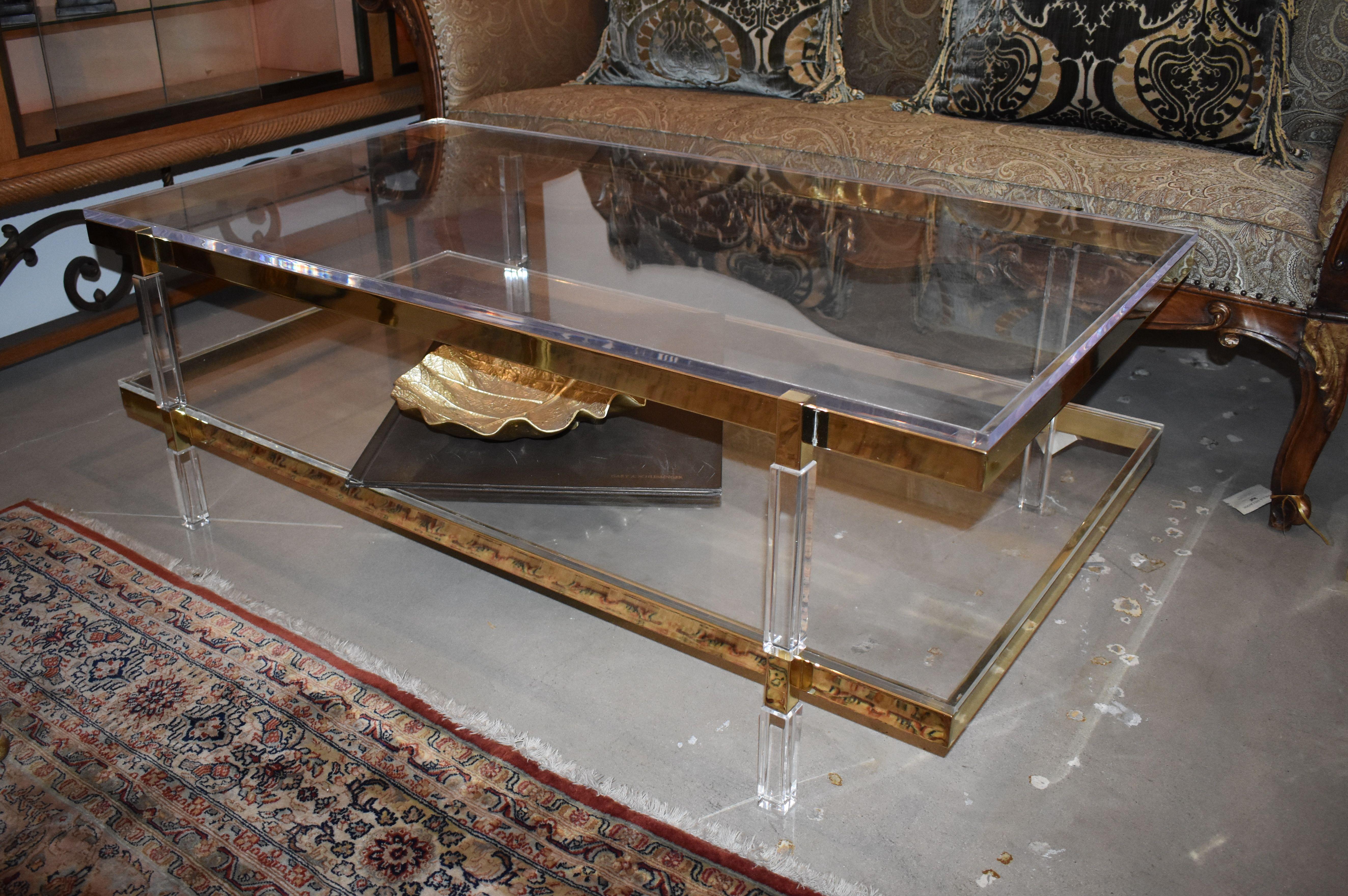 Mid-Century Modern Two-Tier Brass Coffee Table Lucite Signed by Charles Hollis Jones For Sale