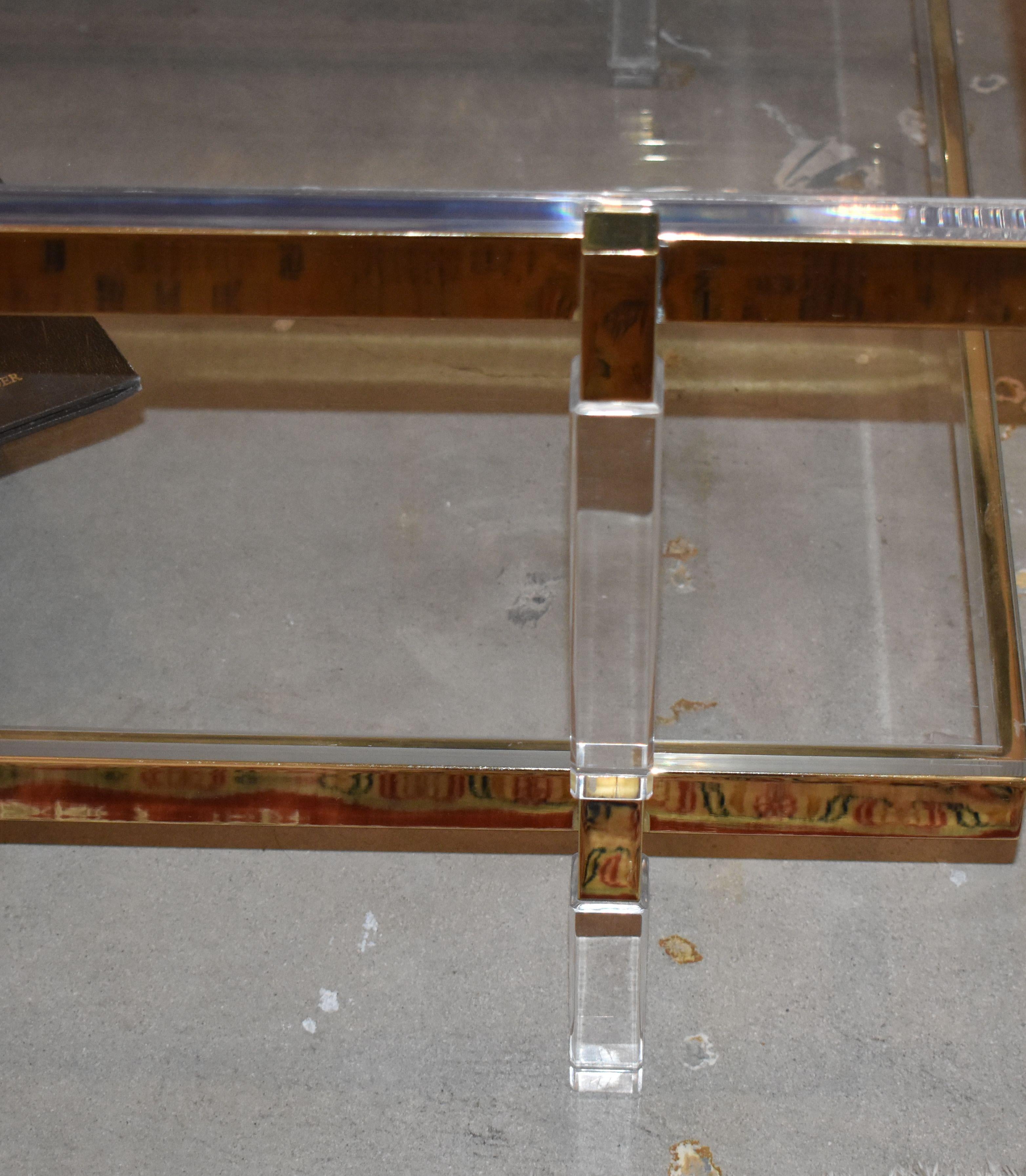 North American Two-Tier Brass Coffee Table Lucite Signed by Charles Hollis Jones For Sale