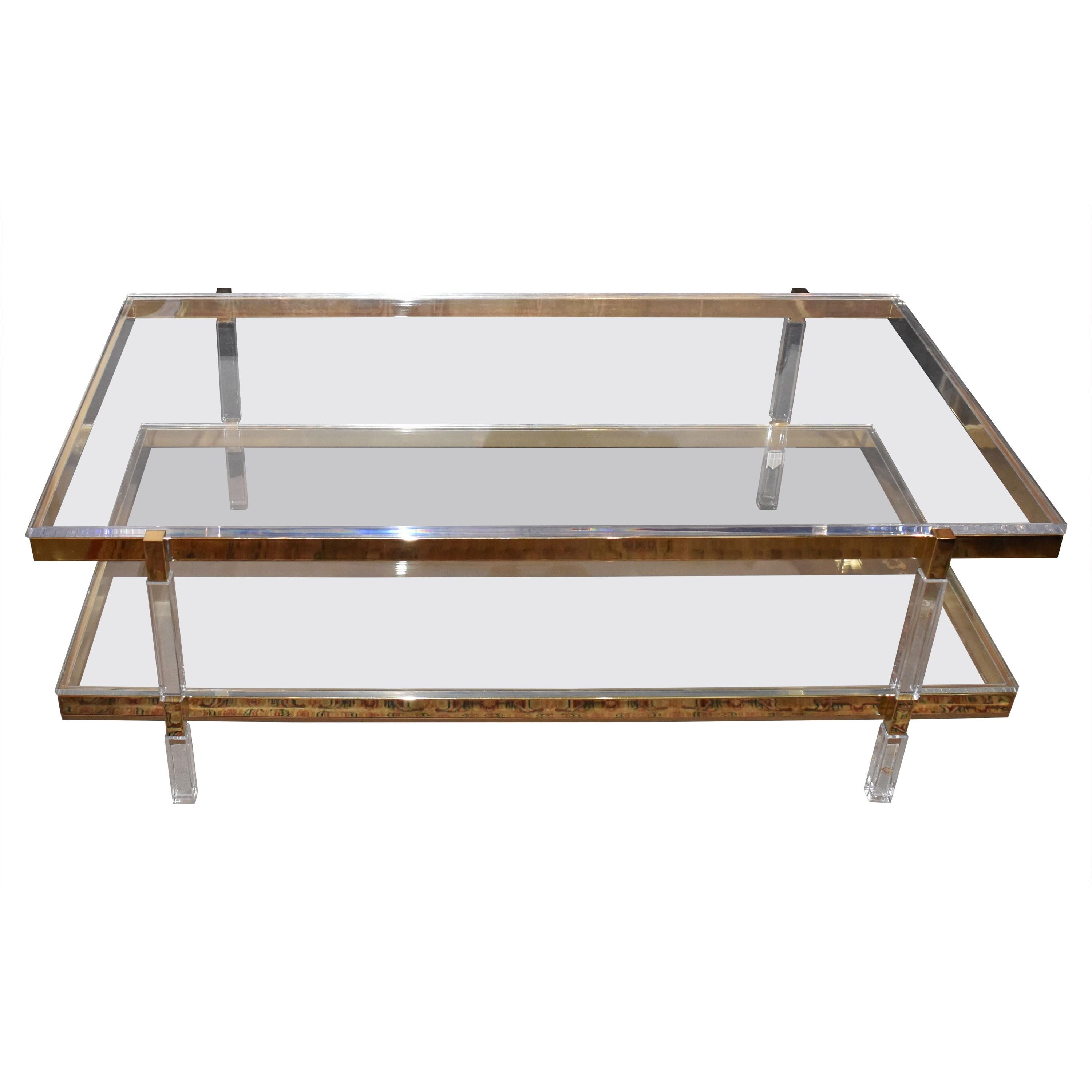 Two-Tier Brass Coffee Table Lucite Signed by Charles Hollis Jones