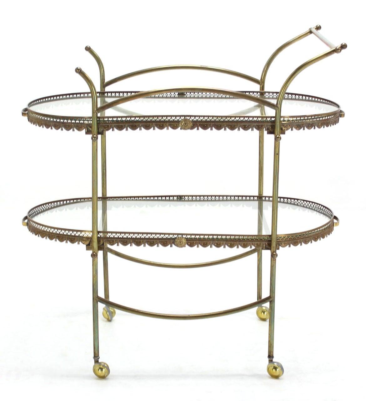Mid-Century Modern Two Tier Brass & Glass Serving Cart Table with Removable Serving Trays For Sale