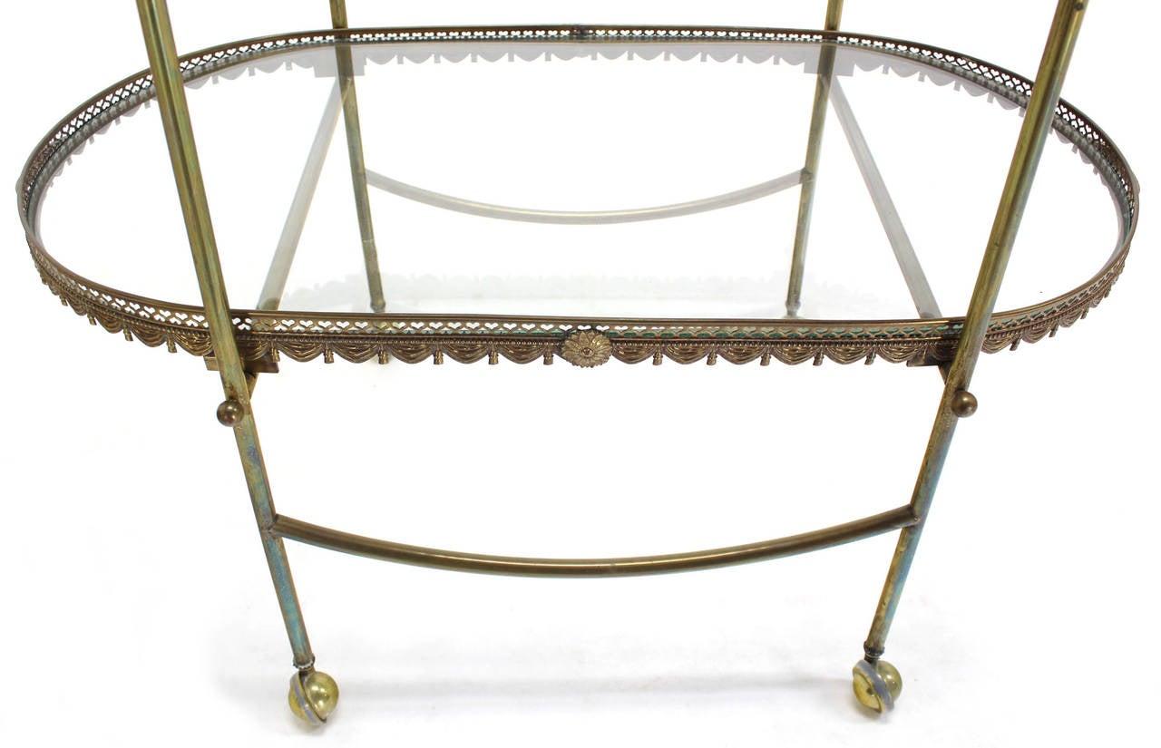 20th Century Two Tier Brass & Glass Serving Cart Table with Removable Serving Trays For Sale