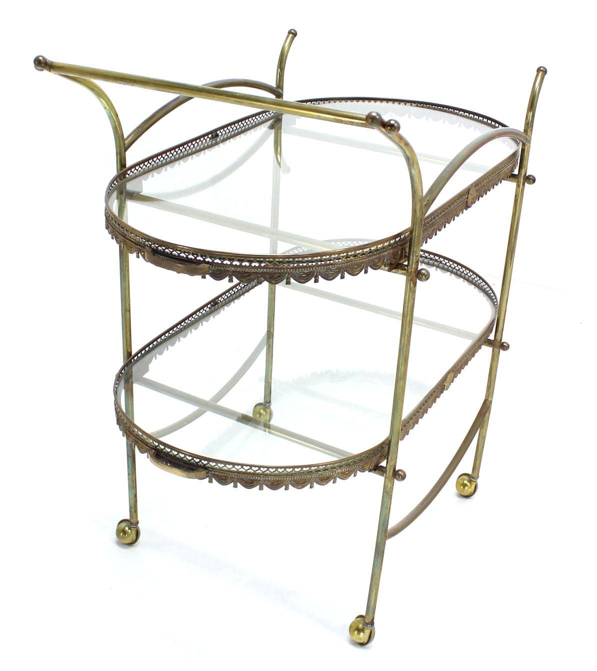 Two Tier Brass & Glass Serving Cart Table with Removable Serving Trays For Sale 2
