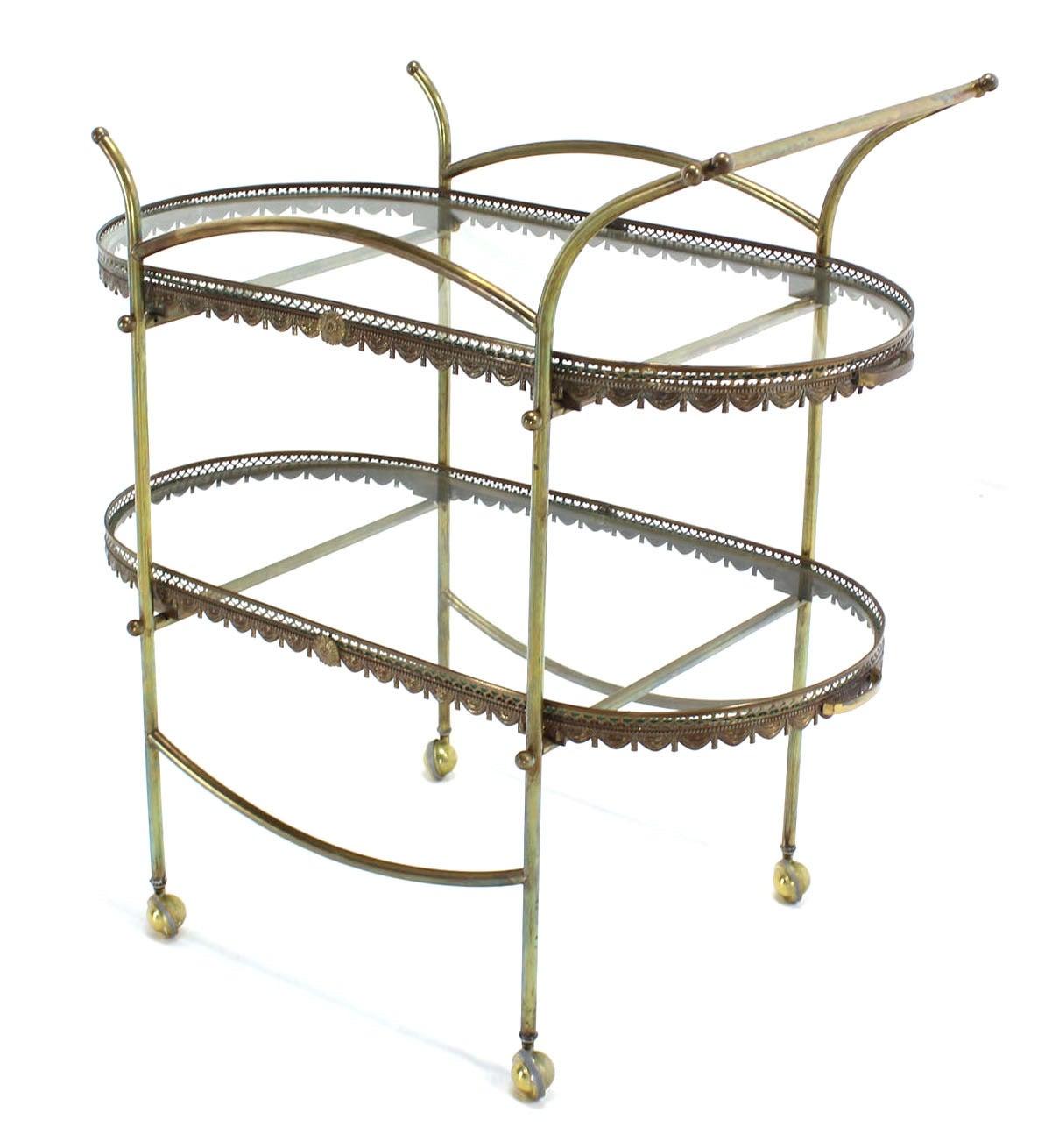 Two Tier Brass & Glass Serving Cart Table with Removable Serving Trays For Sale 3