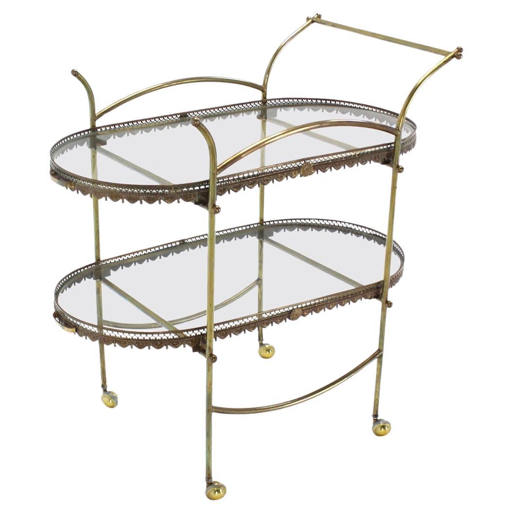 Two Tier Brass & Glass Serving Cart Table with Removable Serving Trays For Sale