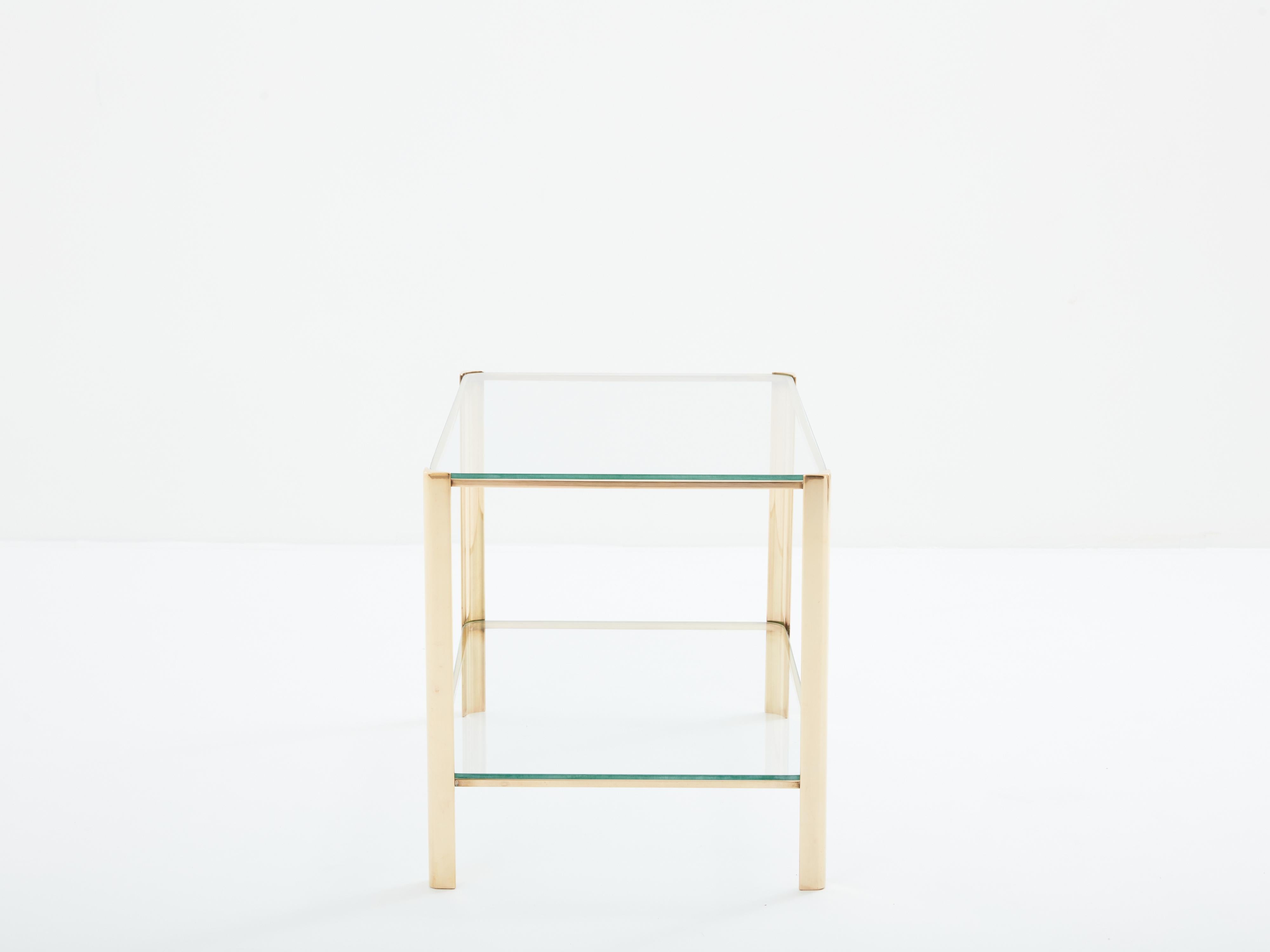 Milieu du XXe siècle Table d'appoint à deux niveaux en verre bronze de Jacques Quinet pour Broncz, années 1960 en vente