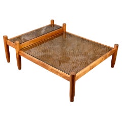 Two-tier Cane coffee table custom-made in France, 1980s