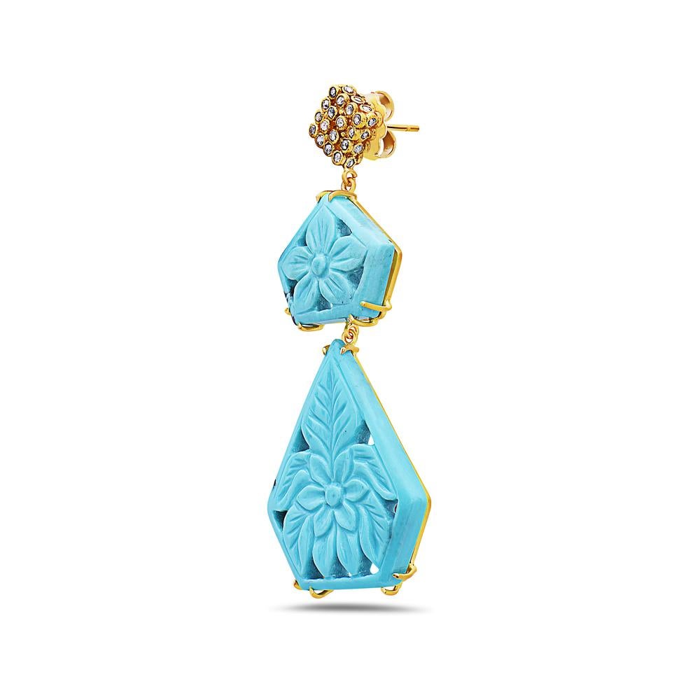 Art Nouveau Two Tier Carved Turquoise Earrings with Diamonds Made in 18k Yellow Gold For Sale