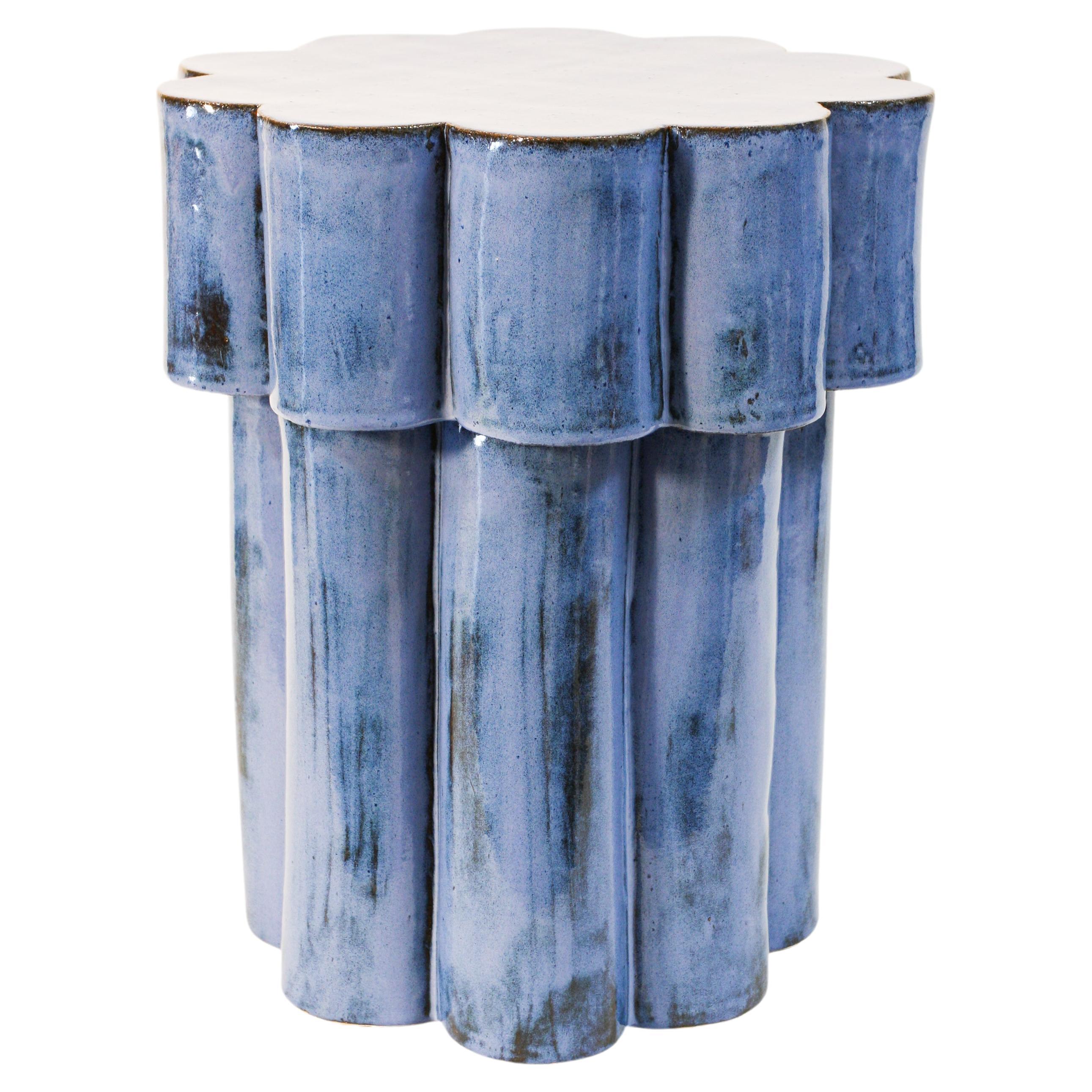 Two-Tier Ceramic Cloud Side Table & Stool in Mottled Blue by BZIPPY For Sale