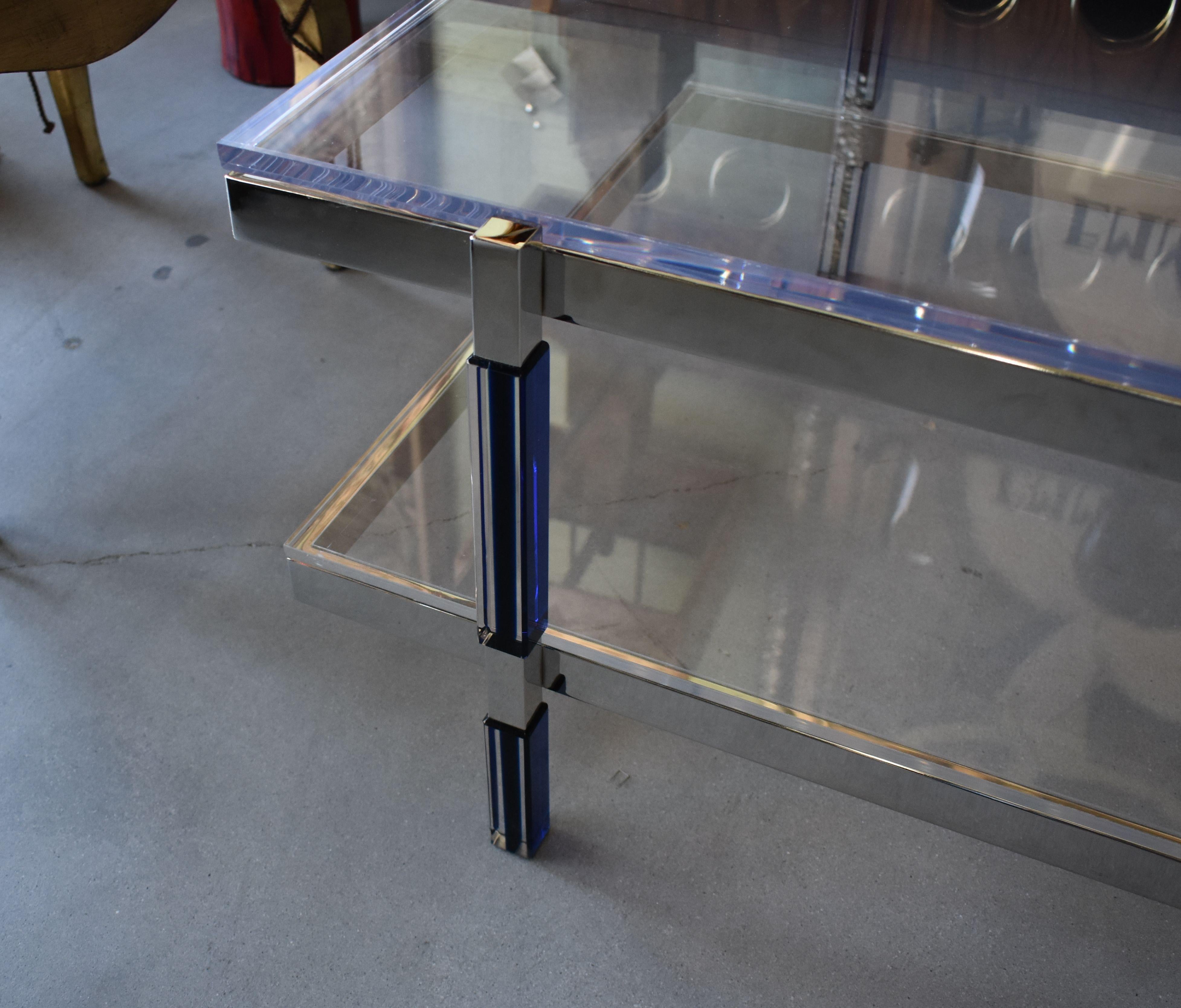 American Two-Tier Coffee Table in Blue and Clear Lucite Signed by Charles Hollis Jones For Sale