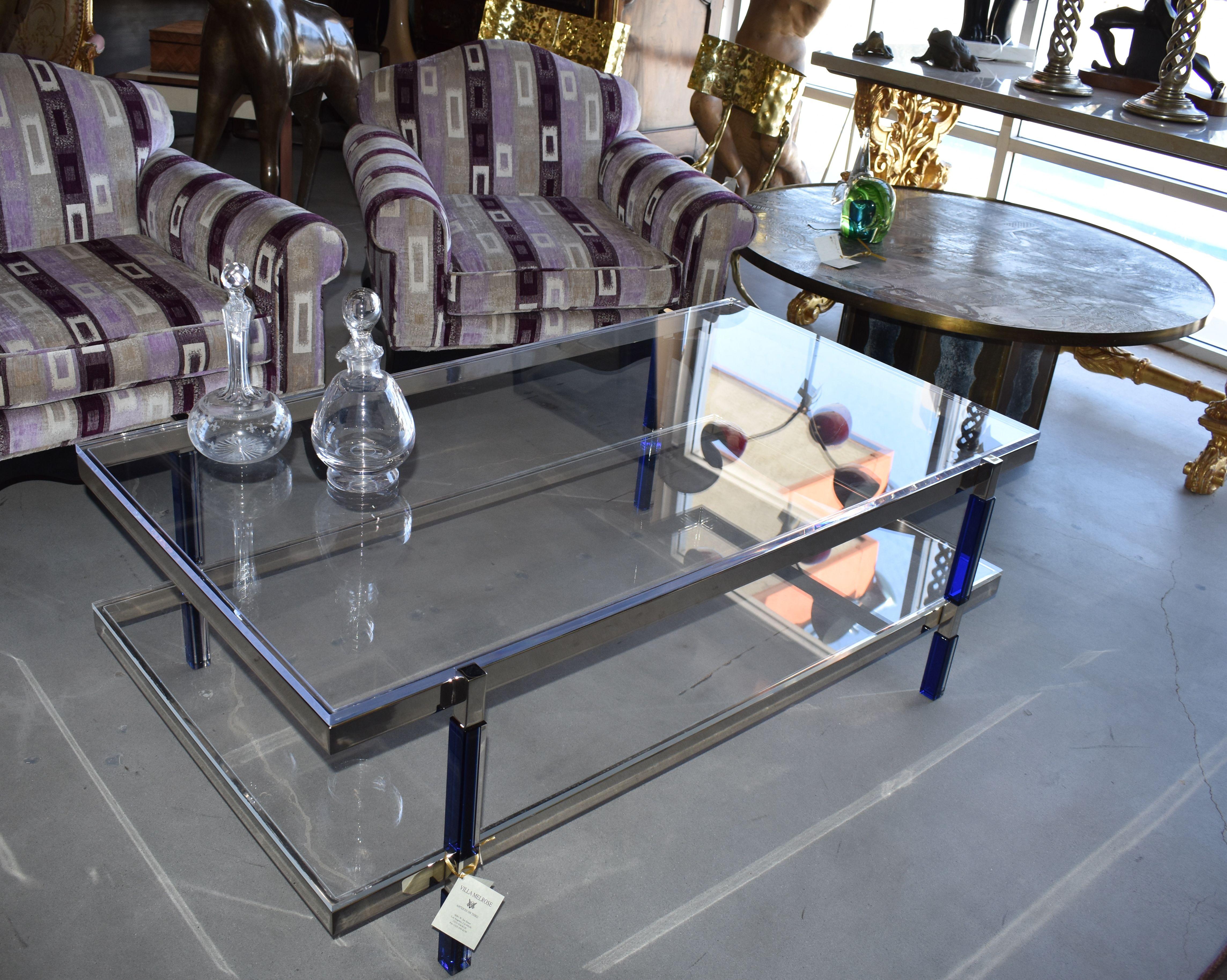 Contemporary Two-Tier Coffee Table in Blue and Clear Lucite Signed by Charles Hollis Jones For Sale