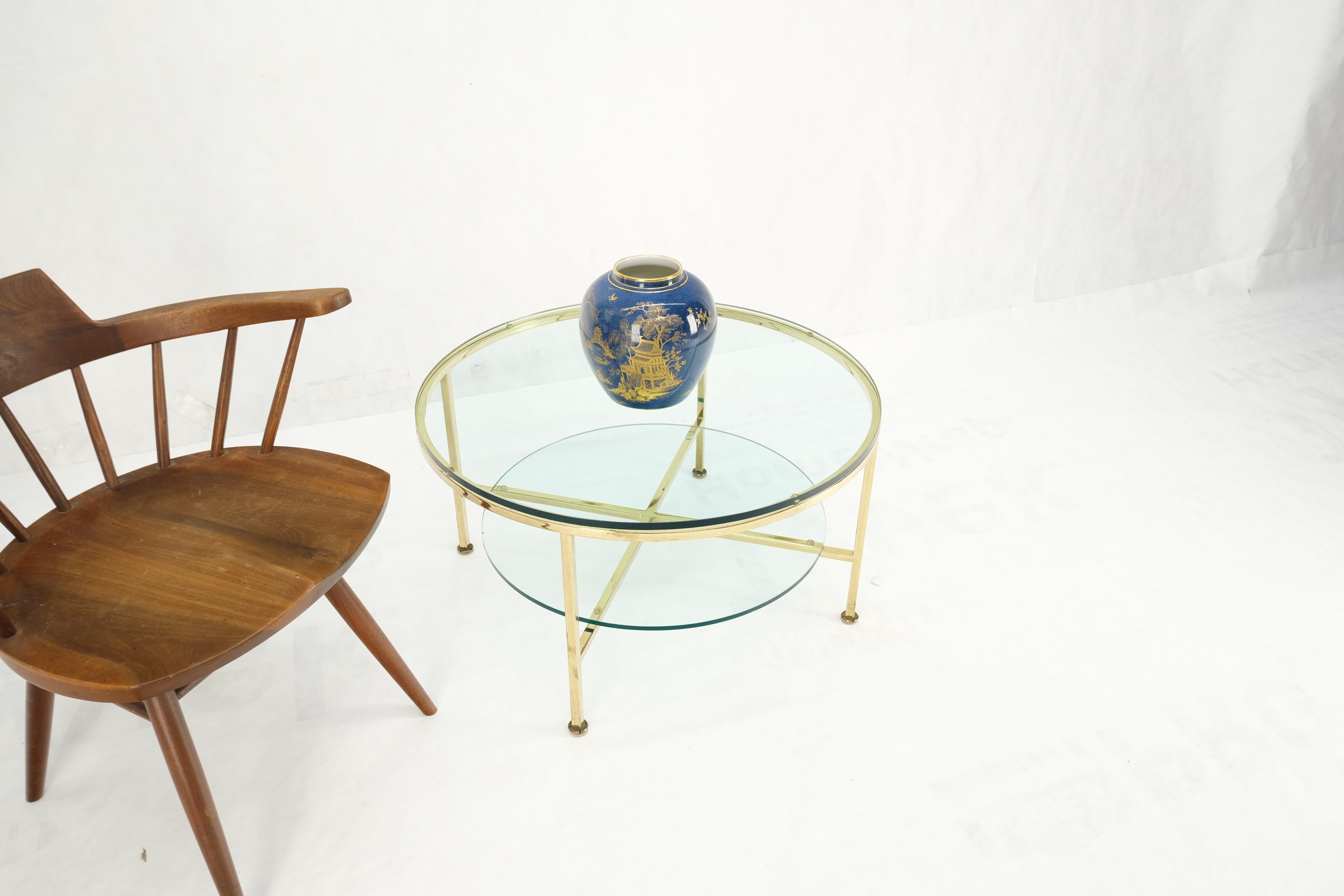 Two Tier Cross Shape Brass Base Round Occasional Coffee Side End Table Stand For Sale 2