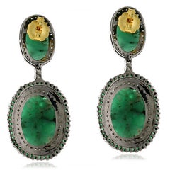 Two Tier Emerald Dangle Earrings With Diamonds In 18k Yellow Gold