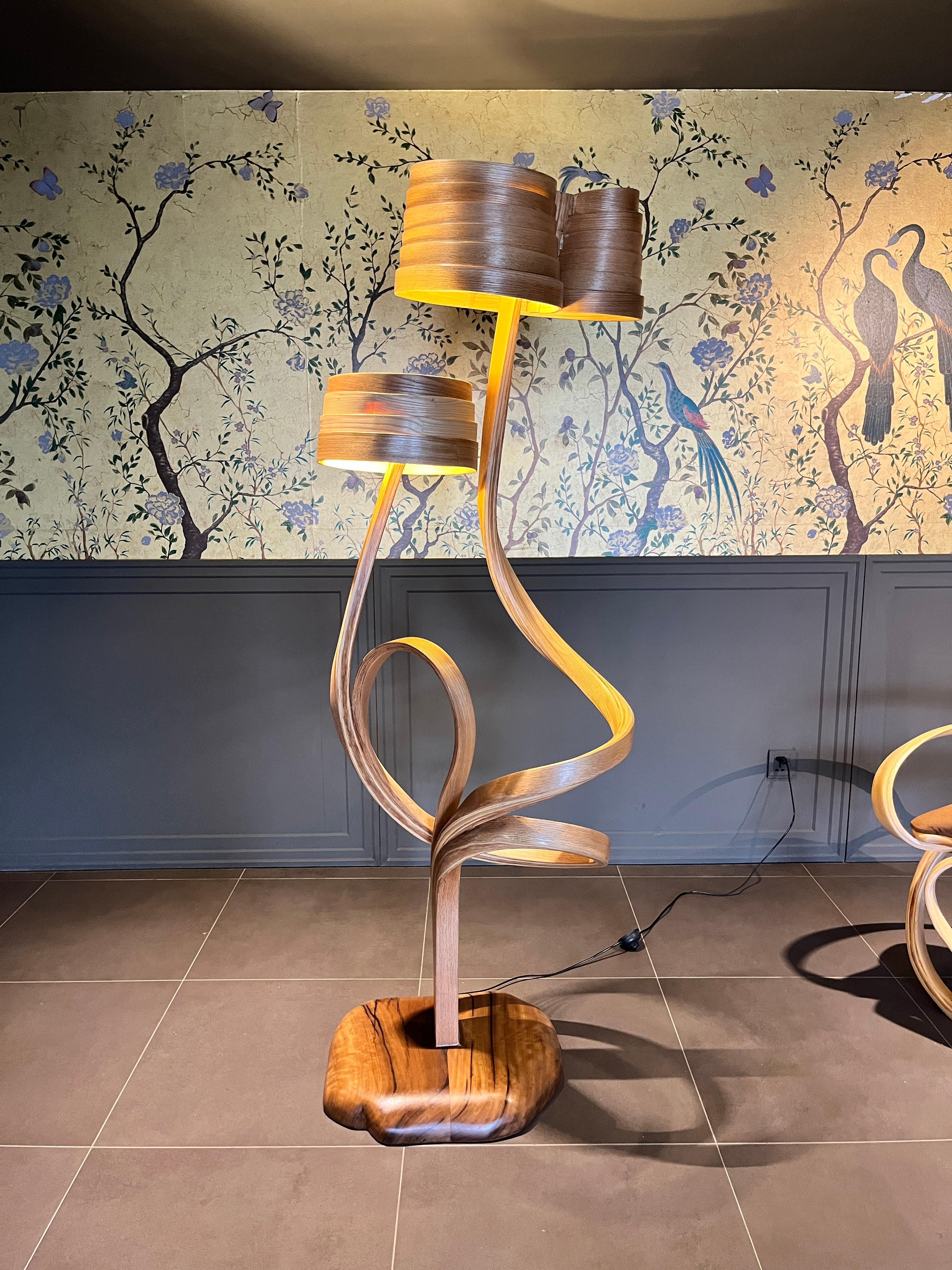 Contemporary Two Tier Floor Lamp Made by Bending Wood For Sale