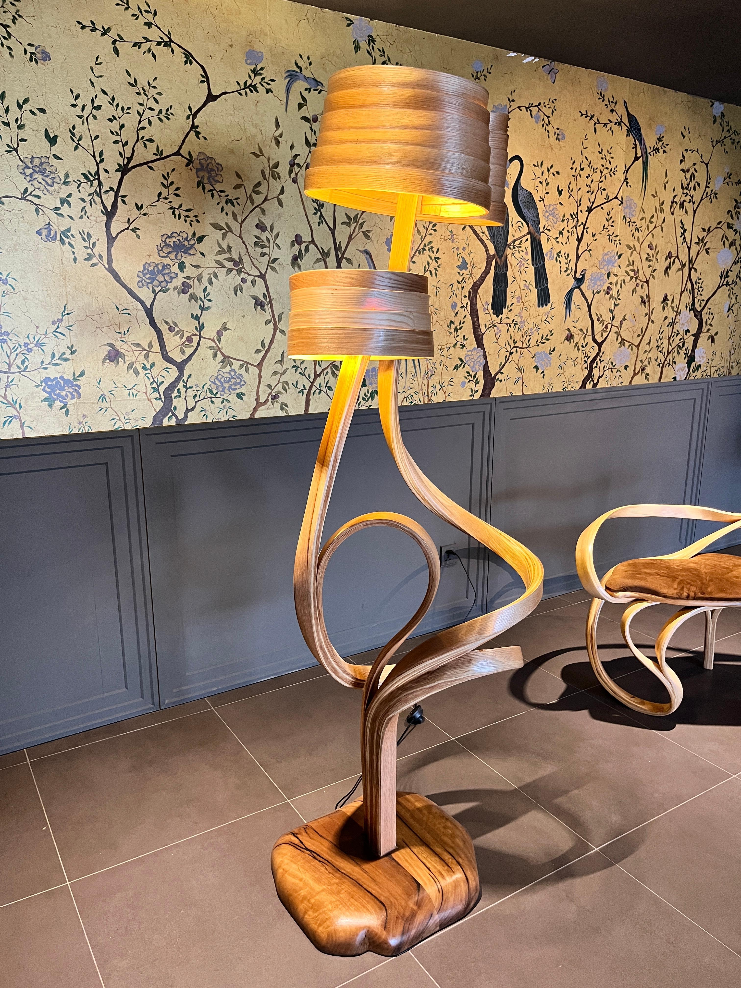 Ash Two Tier Floor Lamp Made by Bending Wood For Sale