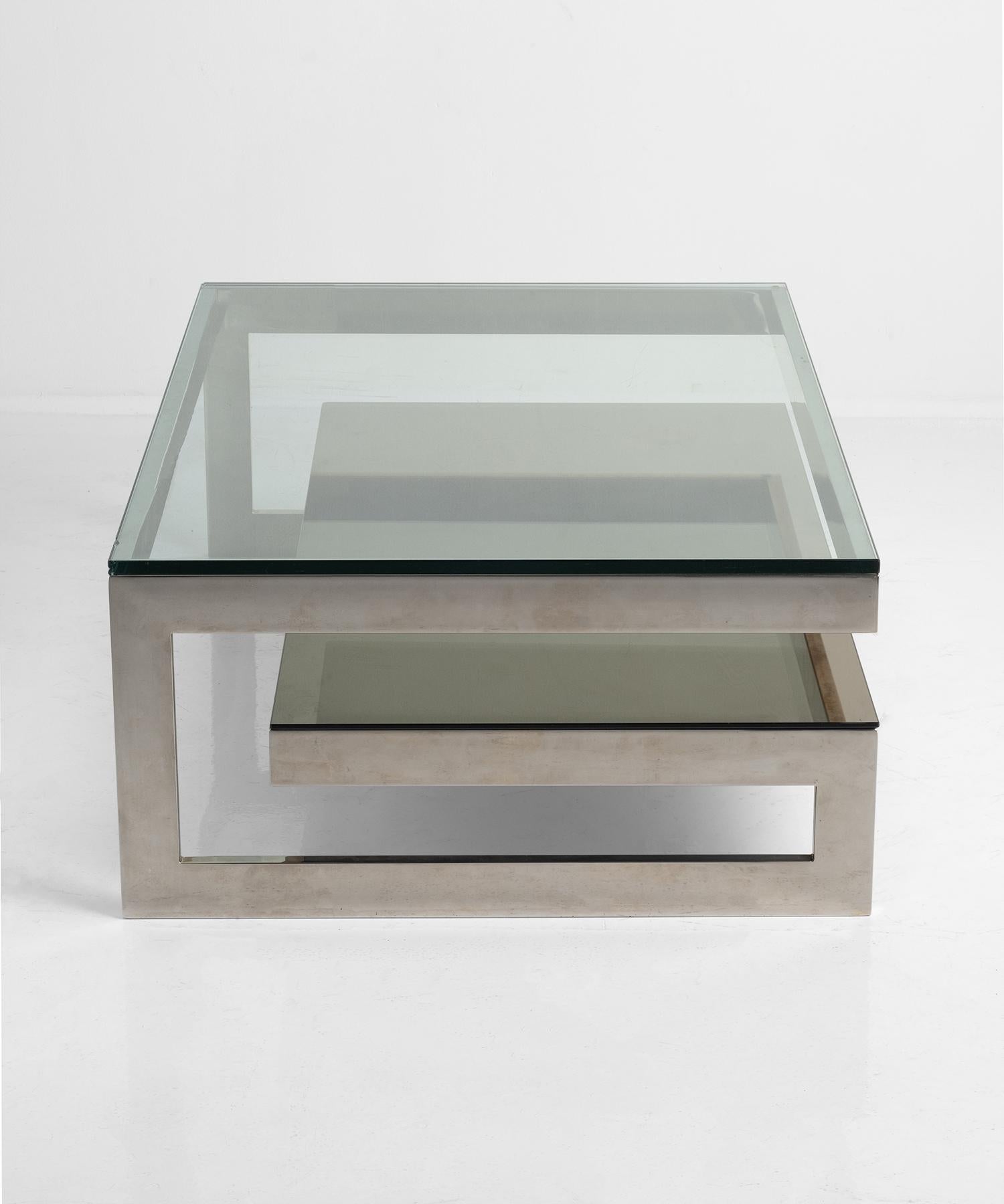 “G” table by belgochrome in gilded metal with glass and mirror tops.