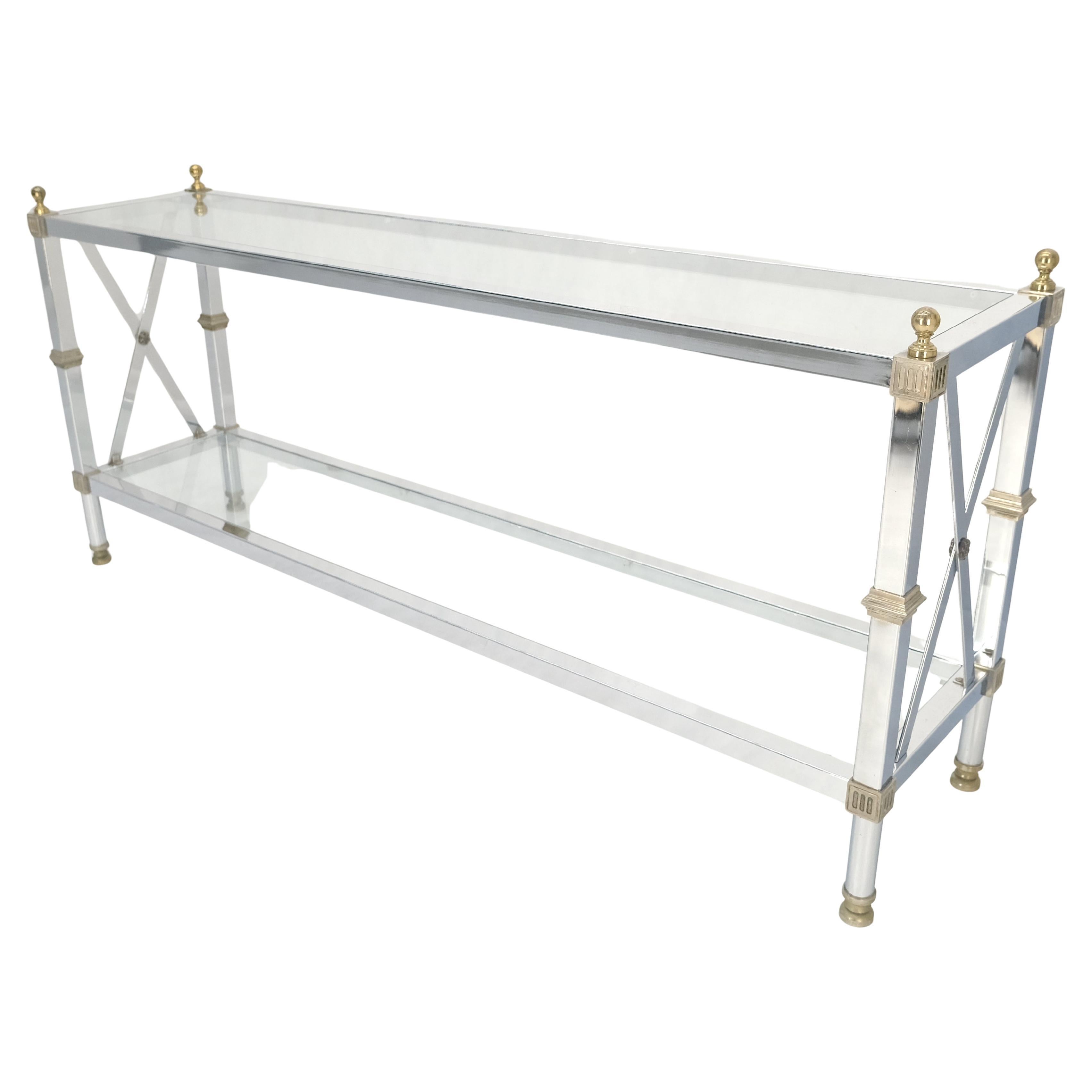 Two Tier Glass Shelves Chrome & Brass Rectangle 60" Long Italian Console Table For Sale