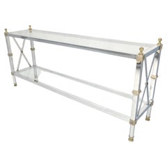 Two Tier Glass Shelves Chrome & Brass Rectangle 60" Long Italian Console Table