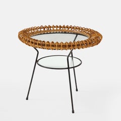 Two-Tier Glass Side Table in Bamboo, Rattan, and Metal