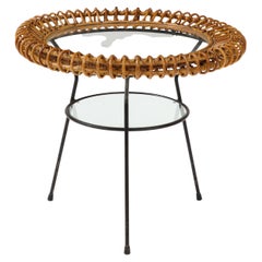 Retro Two-Tier Glass Side Table in Bamboo, Rattan, and Metal