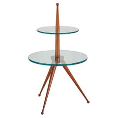 Two-Tier Glass Top Side Table with Wooden Tripod Frame, Italy 1950s