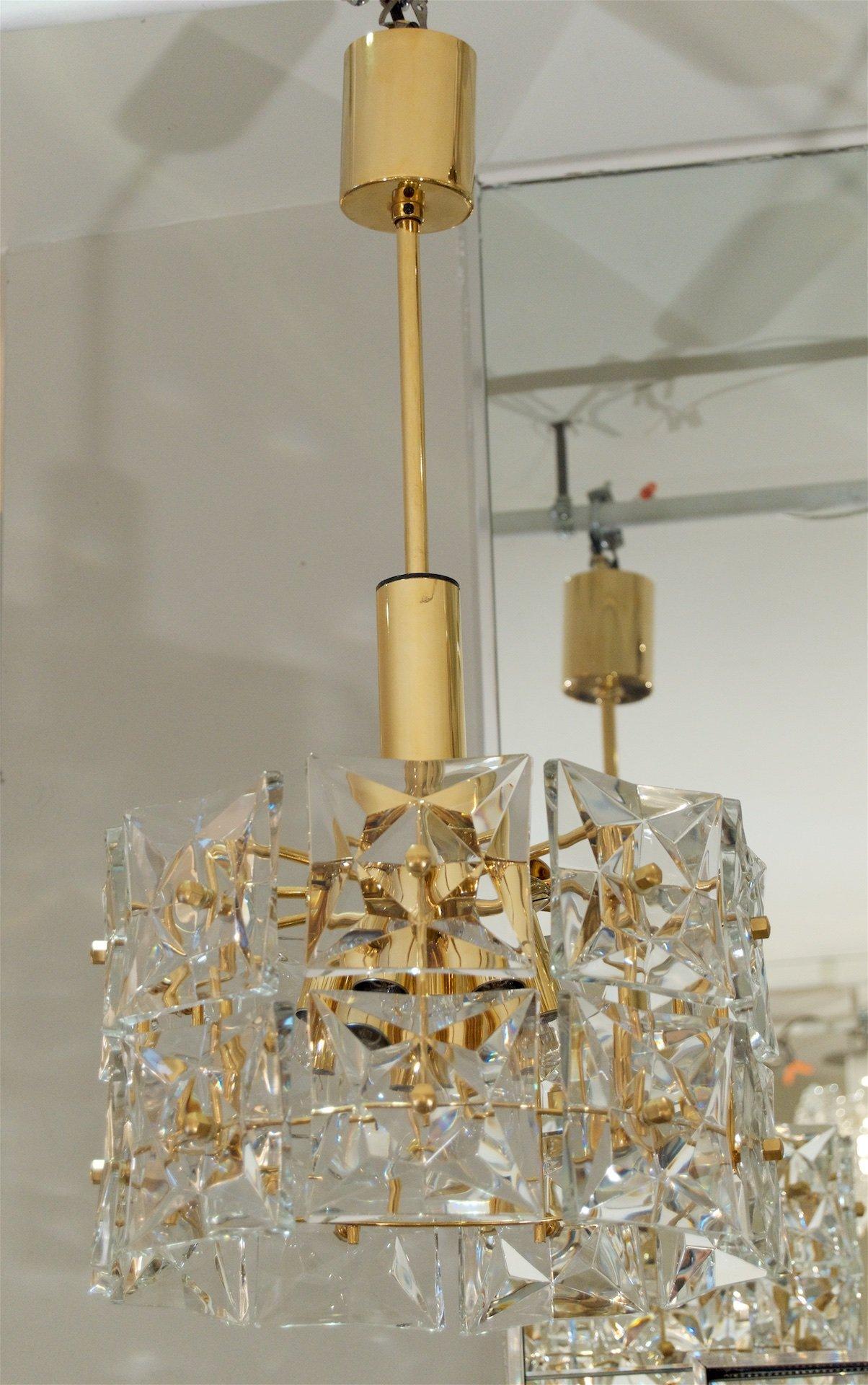 Mid-Century Modern Two-Tier Goldplate Drum-Form Chandelier with Square Crystals by Kinkeldey For Sale