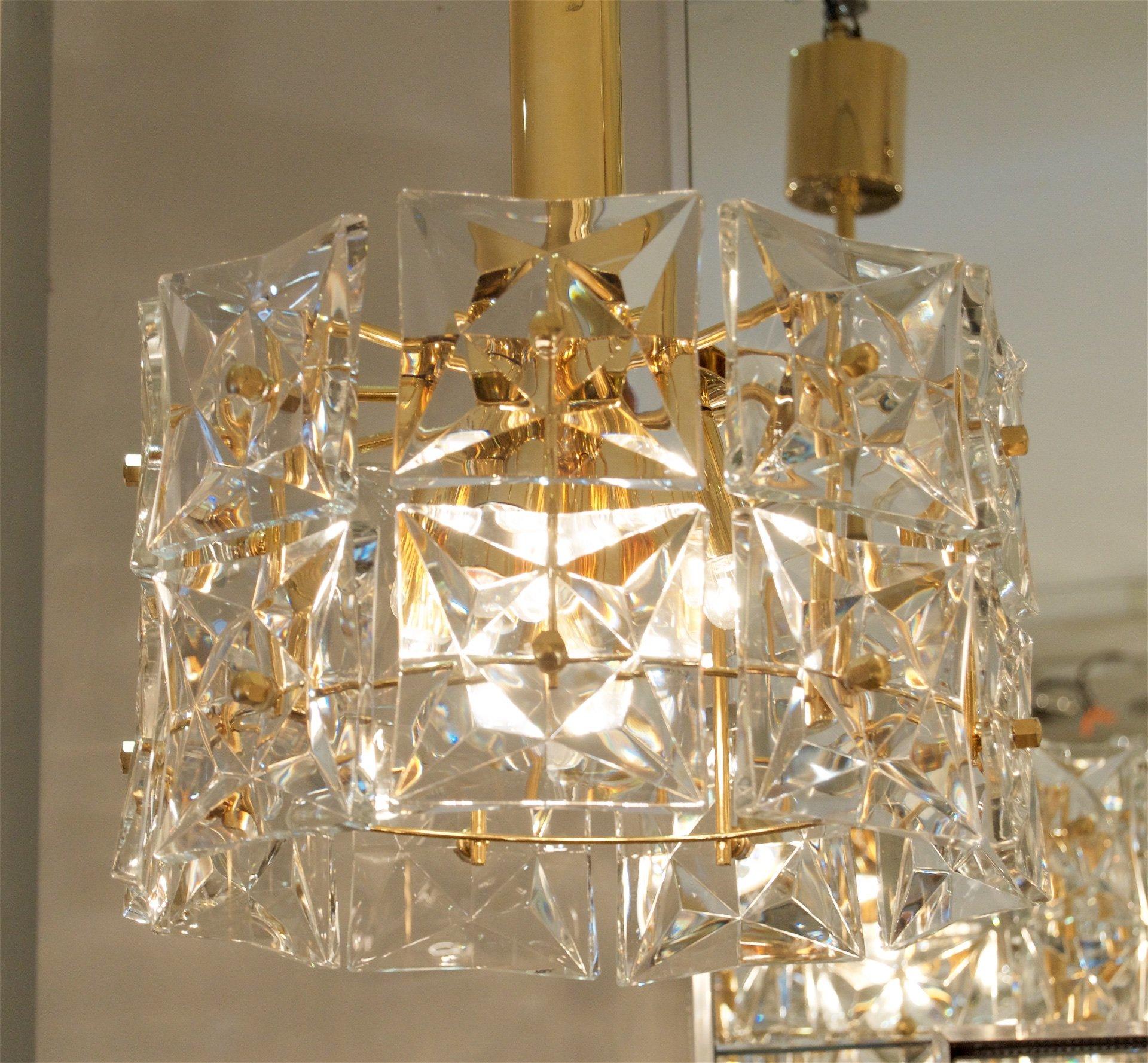 German Two-Tier Goldplate Drum-Form Chandelier with Square Crystals by Kinkeldey For Sale