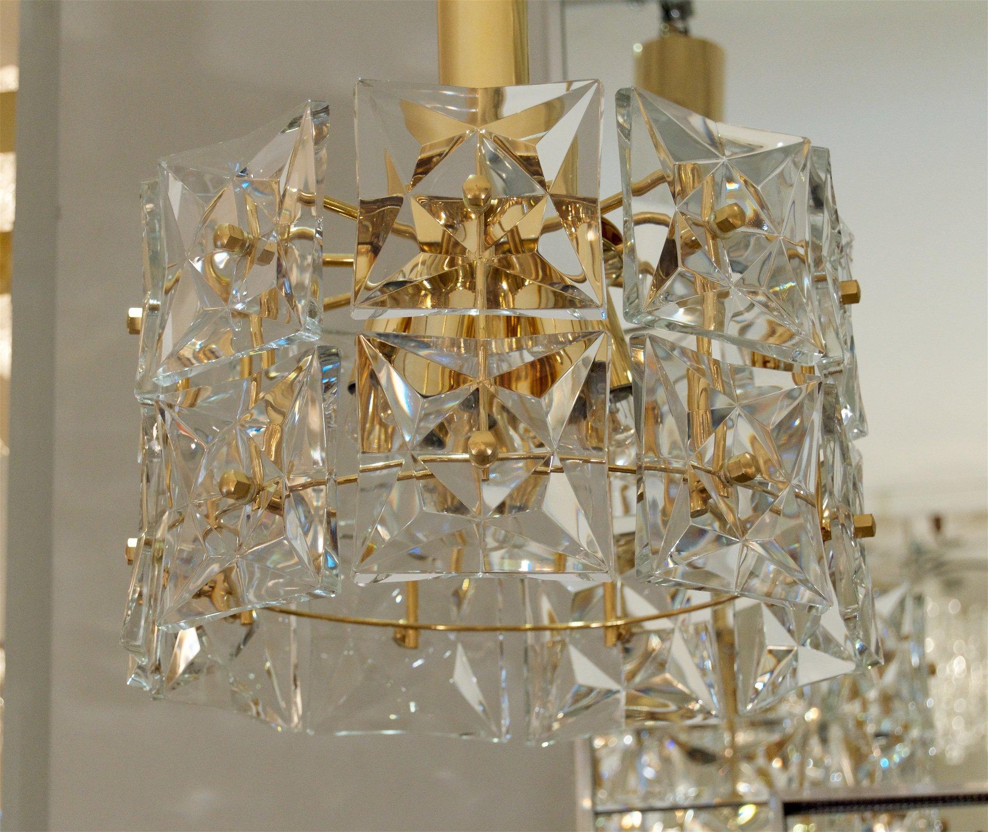 Two-Tier Goldplate Drum-Form Chandelier with Square Crystals by Kinkeldey In Good Condition For Sale In Stamford, CT