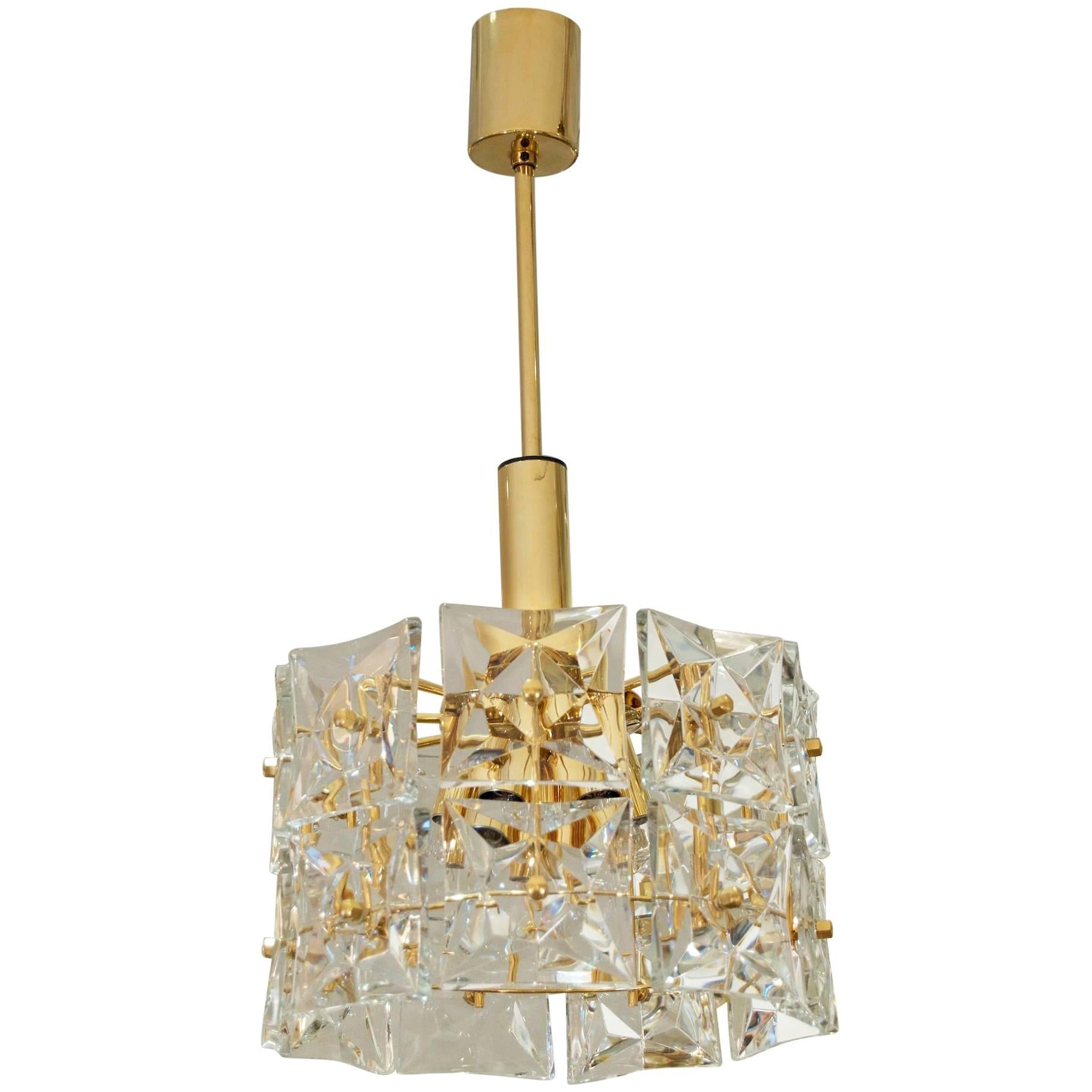 Two-Tier Goldplate Drum-Form Chandelier with Square Crystals by Kinkeldey