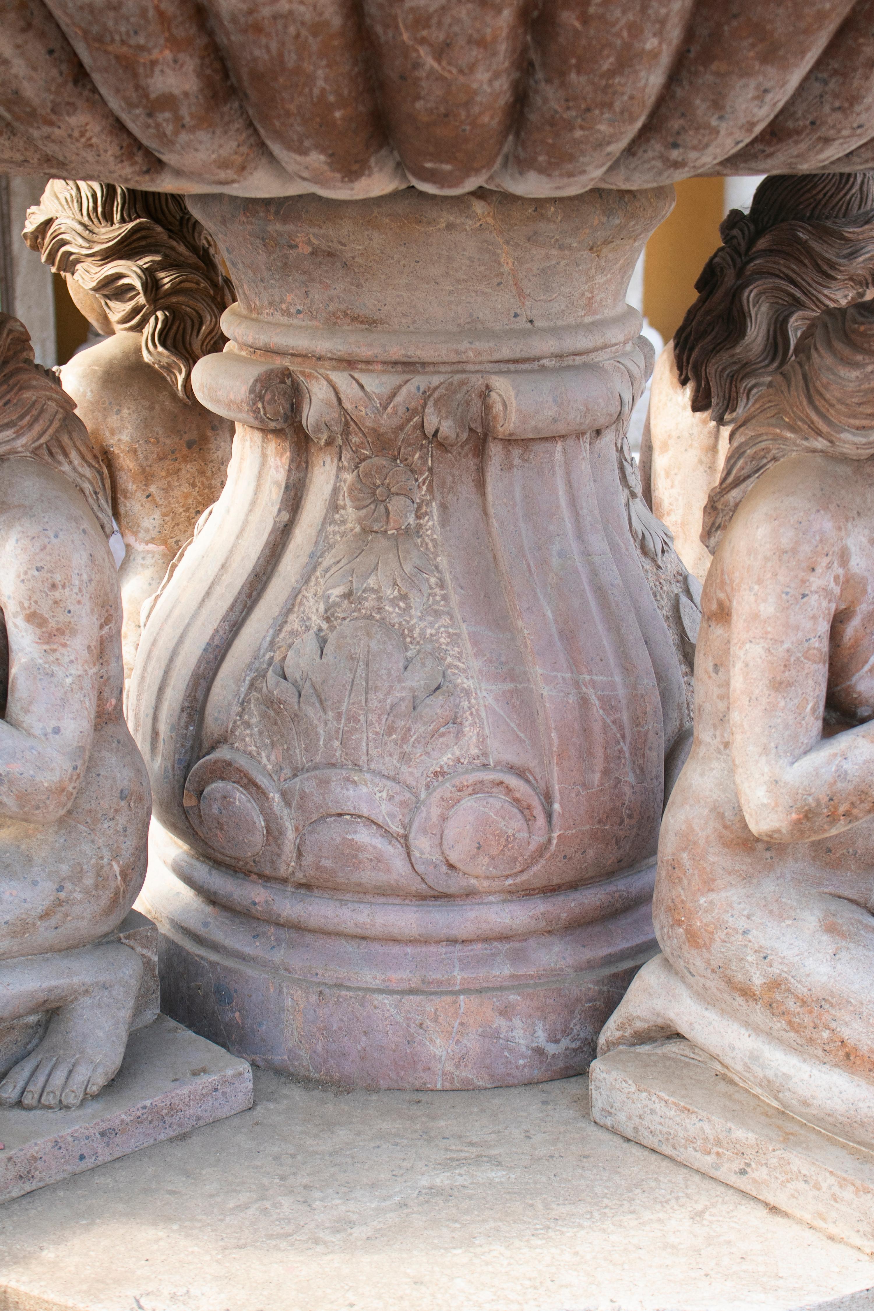 Two Tier Hand Carved Brown Marble Fountain with Pool and Sculptures 3