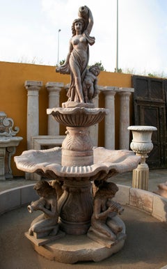 Two Tier Hand Carved Brown Marble Fountain with Pool and Sculptures