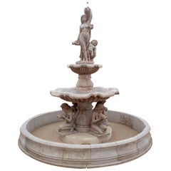 Two Tier Hand Carved Brown Marble Fountain with Pool and Sculptures