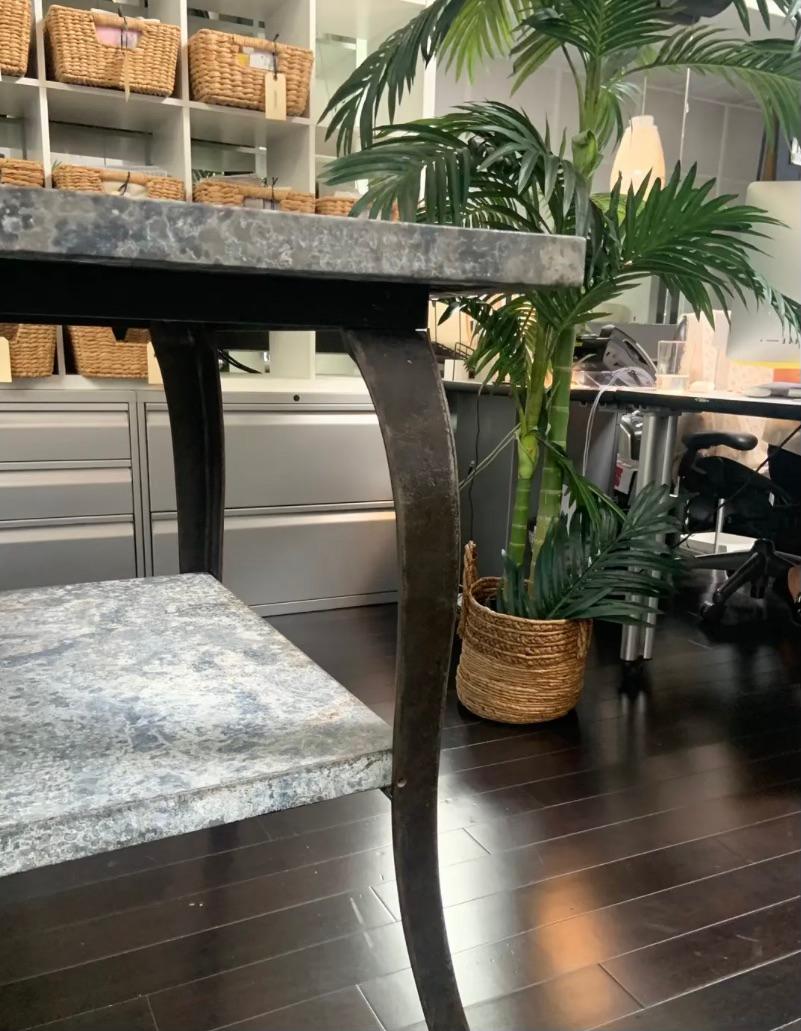 A unique two tier zinc table that has been oxidized giving it a beautiful effect and finish. Some areas of rust on top. 