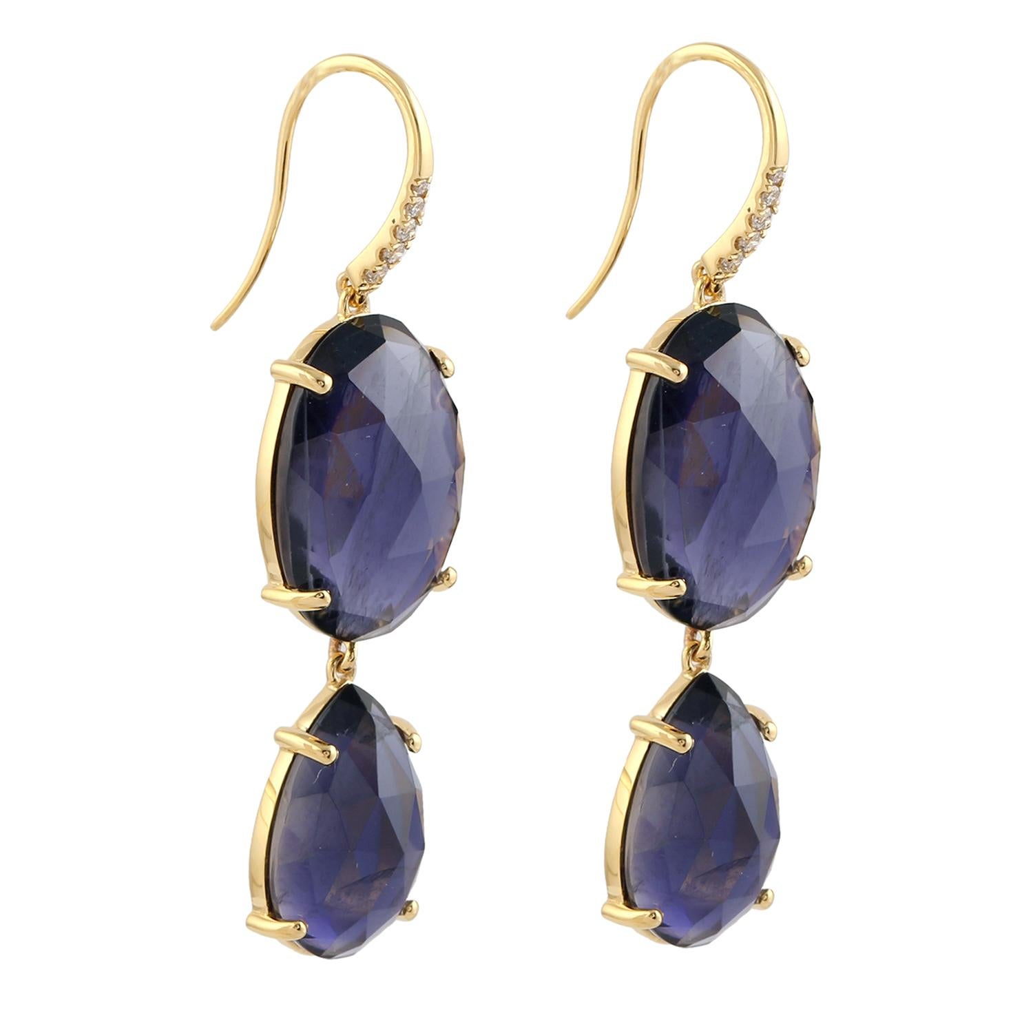 Artisan Two Tier Iolite Dangle Earrings With Diamonds Made In 18k Yellow Gold