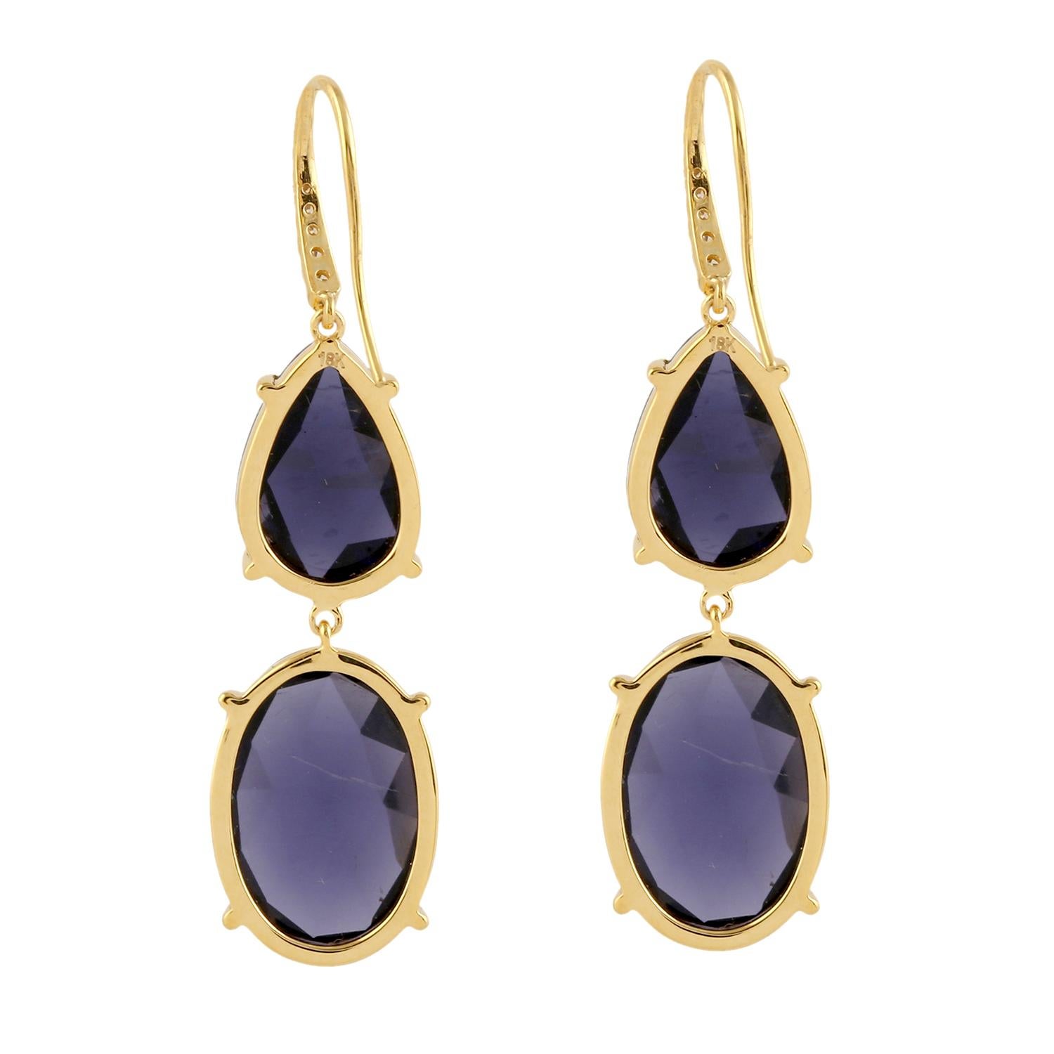 Mixed Cut Two Tier Iolite Dangle Earrings With Diamonds Made In 18k Yellow Gold