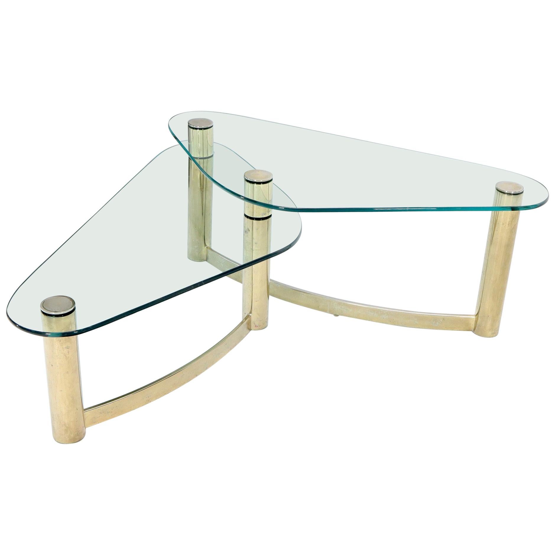 Two-Tier "L" Shape Glass and Brass Organic Kidney Shape Coffee Table