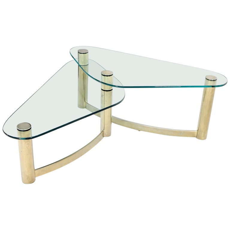 Two-Tier "L" Shape Glass and Brass Organic Kidney Shape Coffee Table For  Sale at 1stDibs