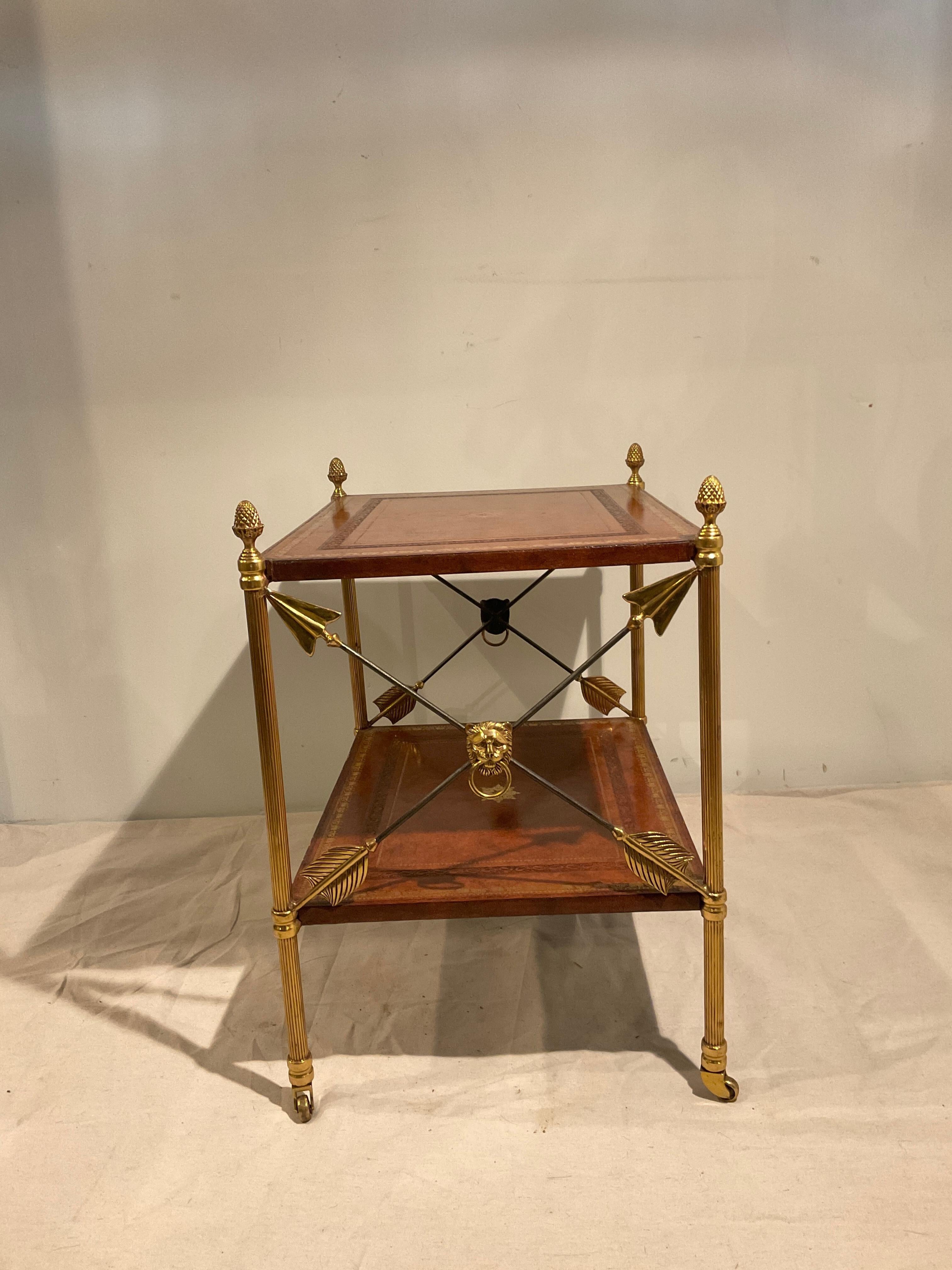 1980s Two tier  neo classical leather and brass side table.