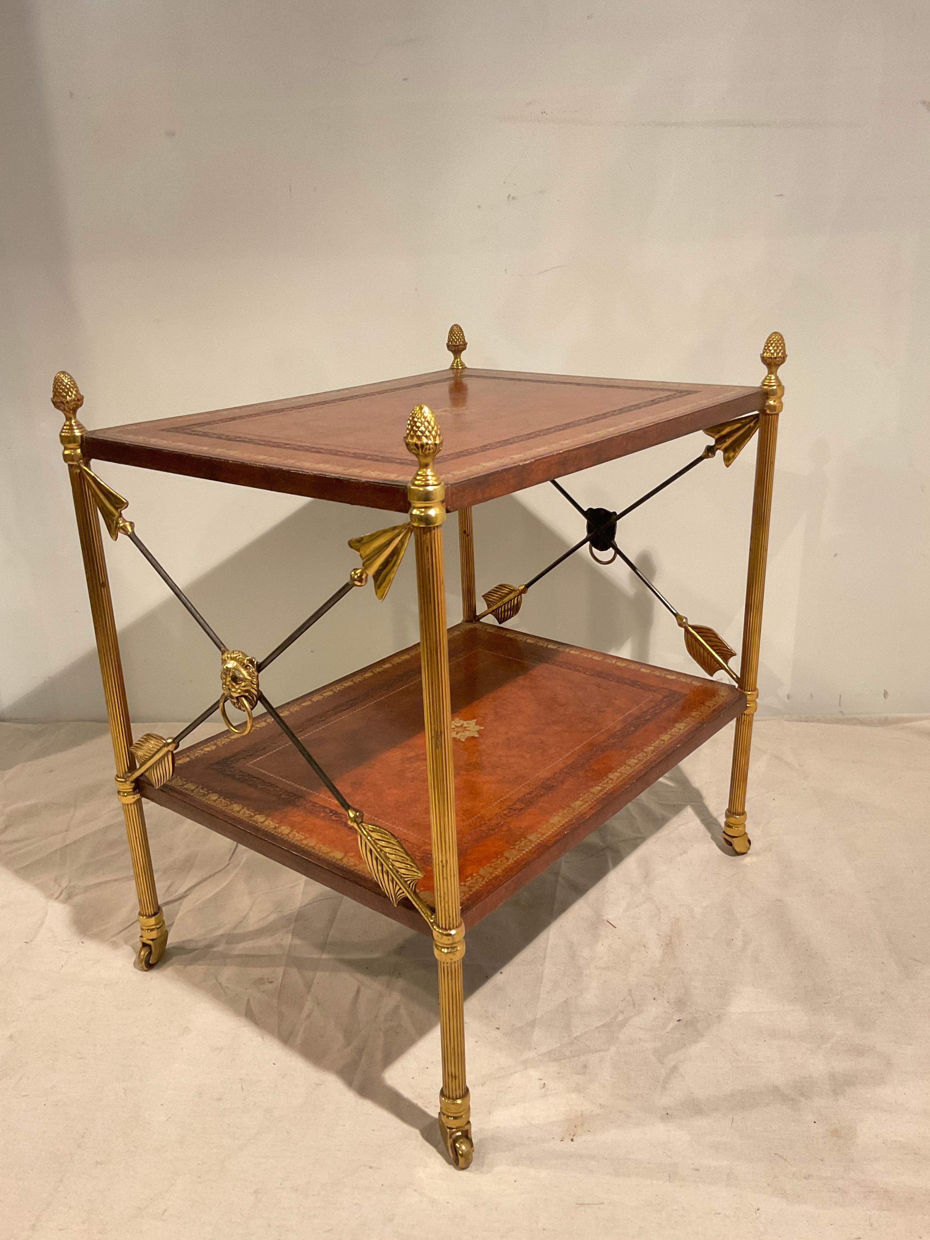 Late 20th Century Two Tier Leather And Brass Neo Classical Side Table For Sale