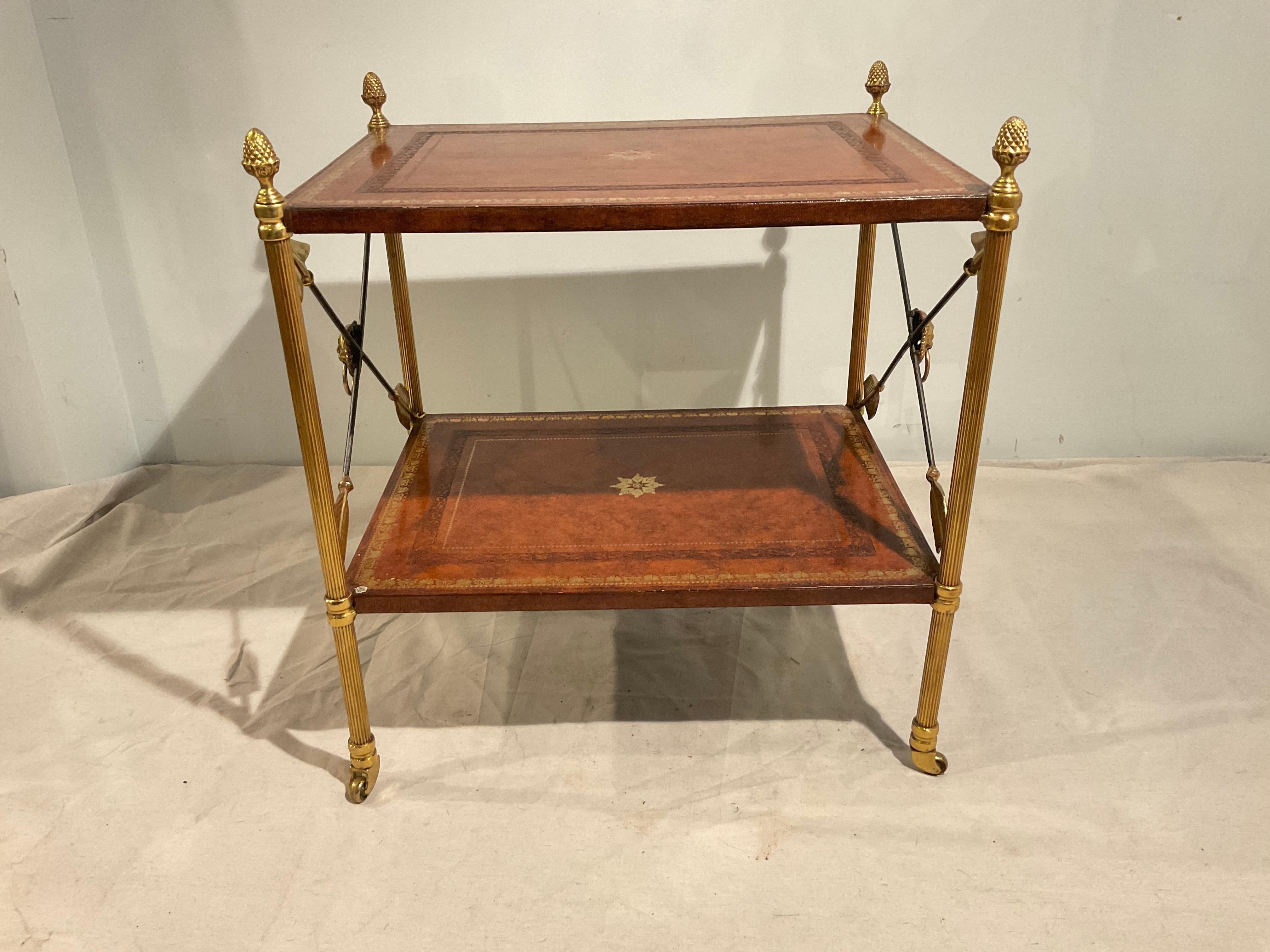Two Tier Leather And Brass Neo Classical Side Table For Sale 1