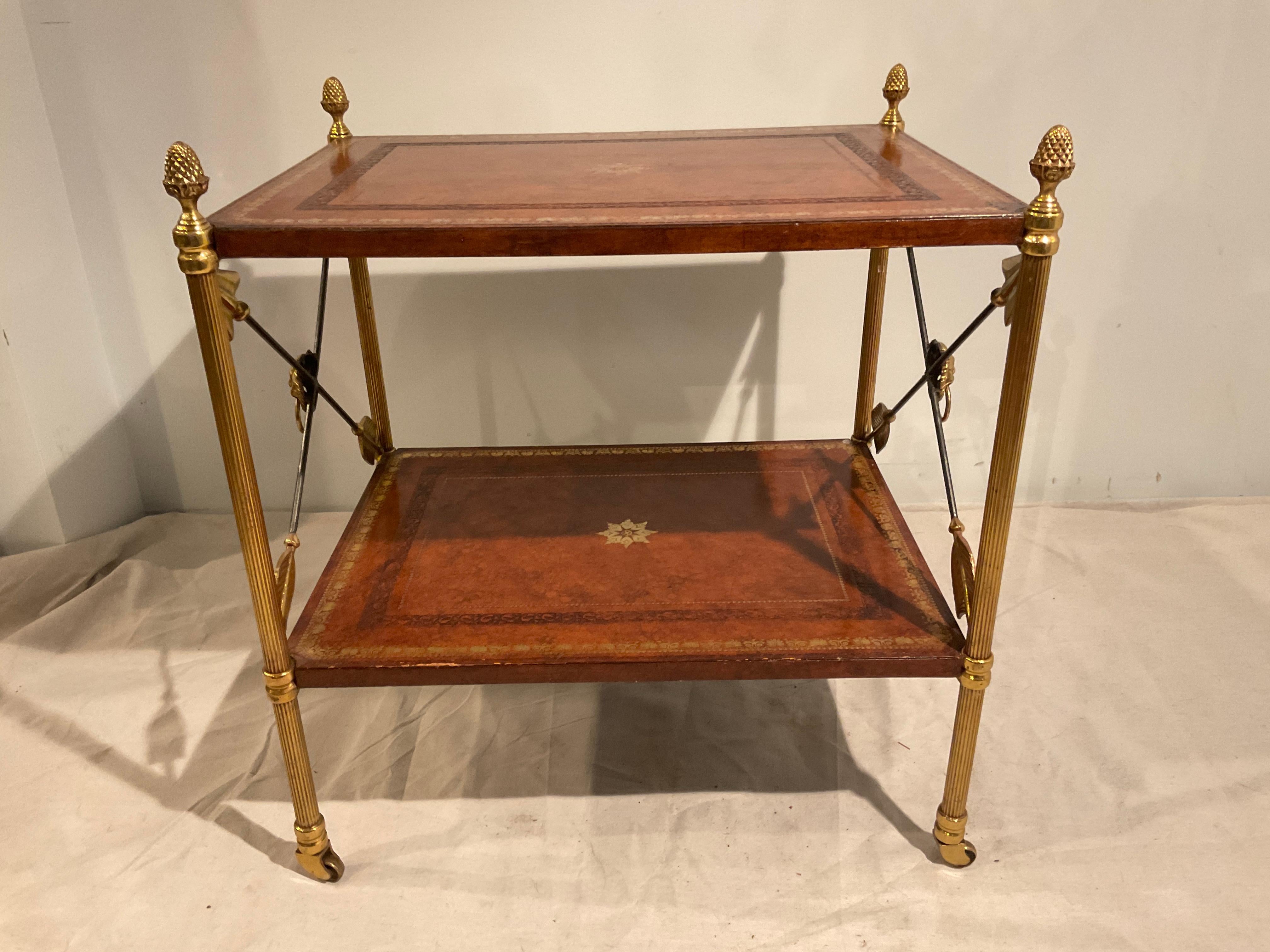 Two Tier Leather And Brass Neo Classical Side Table For Sale 3