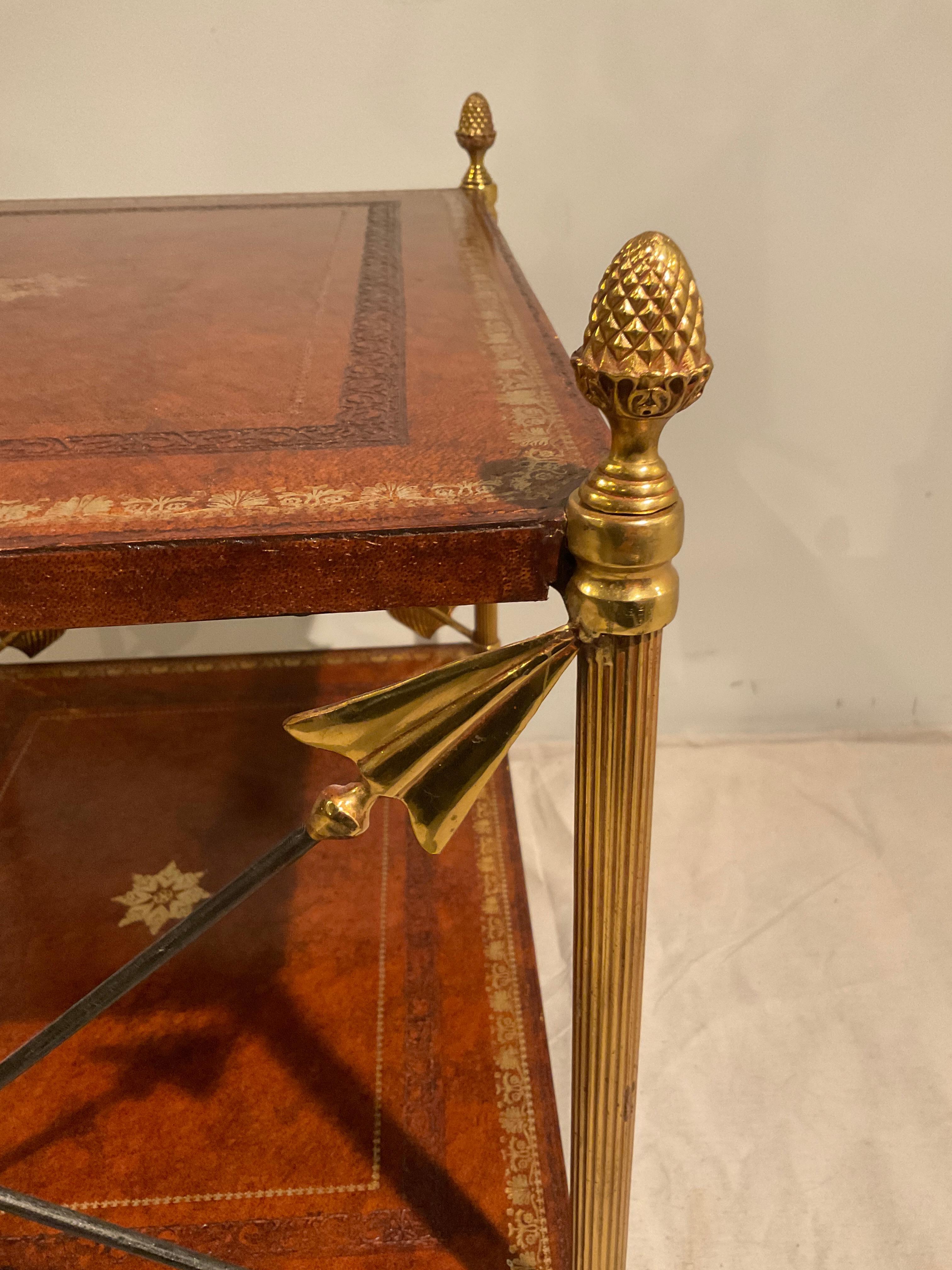 Two Tier Leather And Brass Neo Classical Side Table For Sale 5