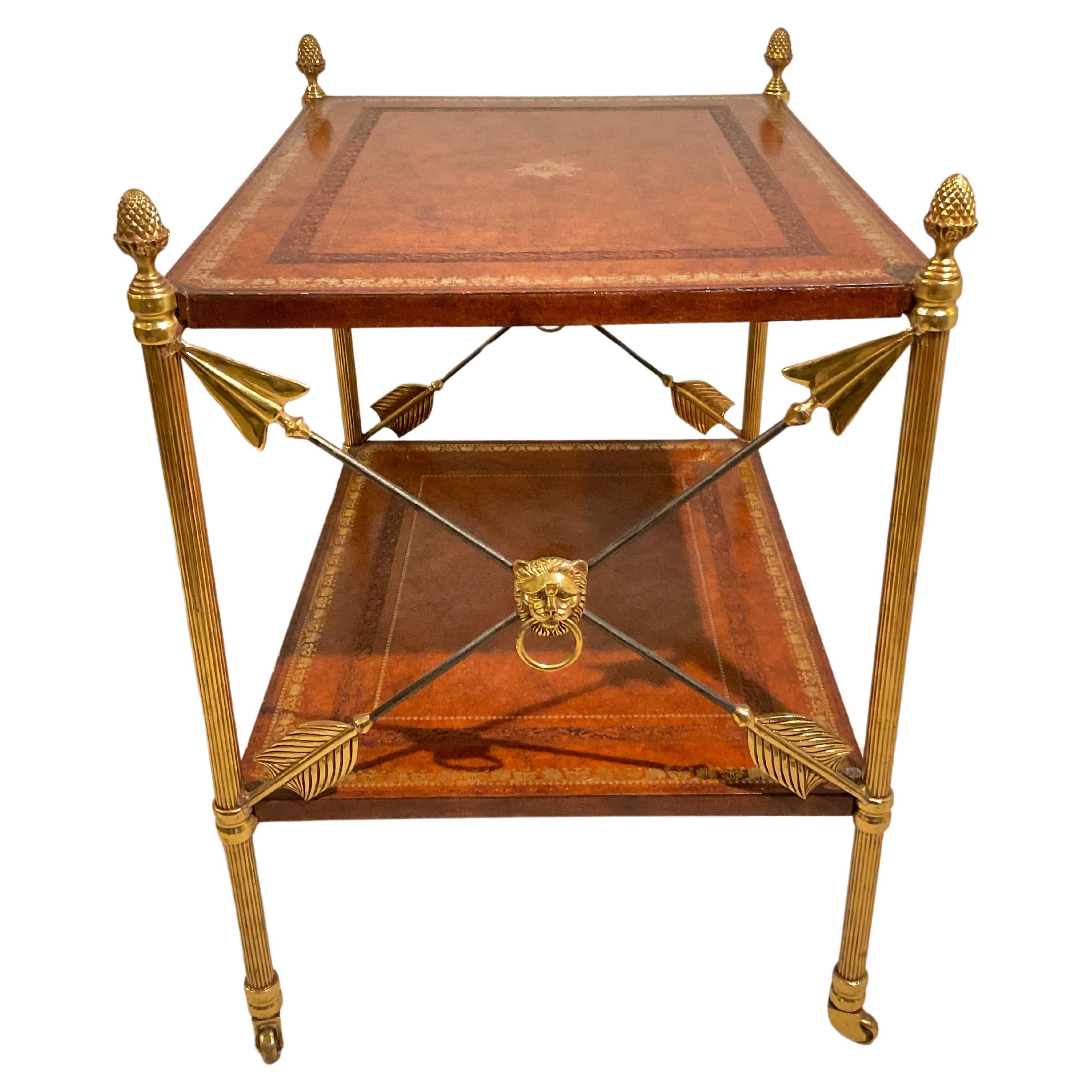 Two Tier Leather And Brass Neo Classical Side Table For Sale