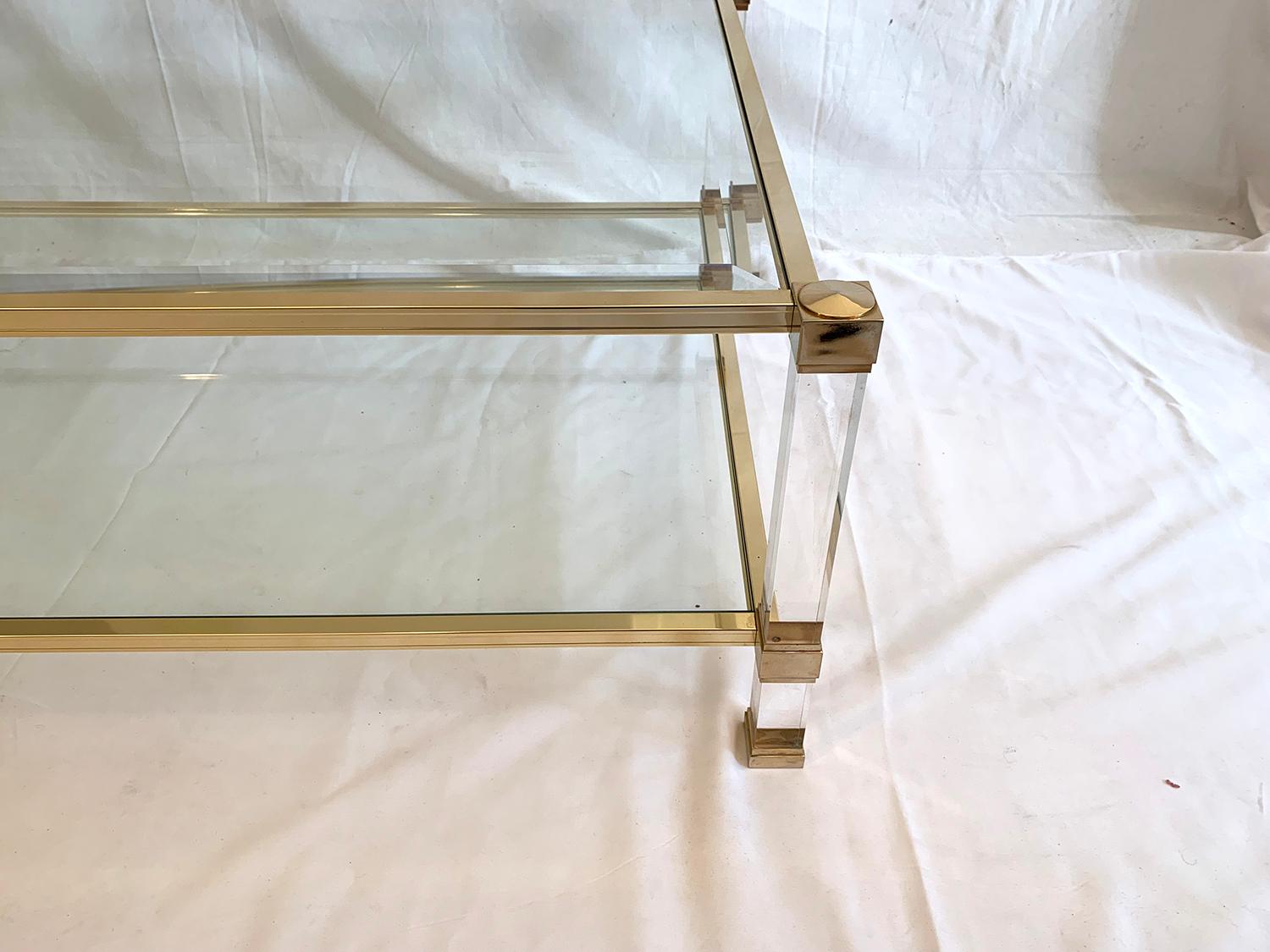 Mid-Century Modern Two-Tier Lucite and Brass Coffee Table by Pierre Vandel