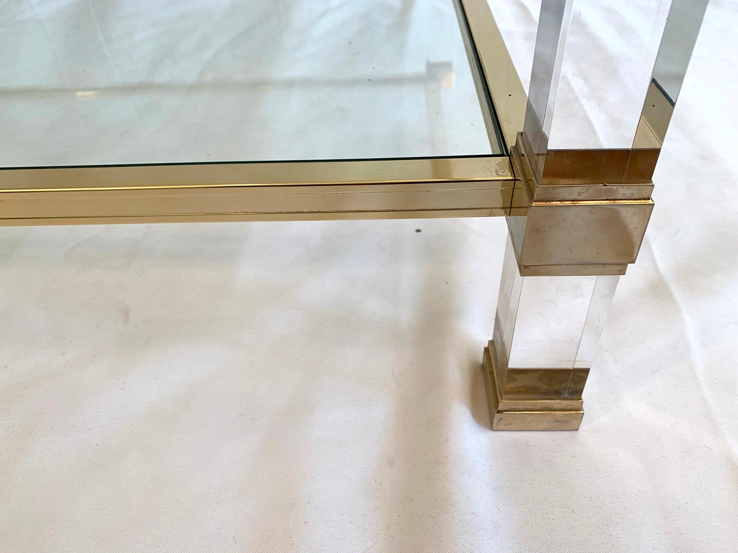 Gilt Two-Tier Lucite and Brass Coffee Table by Pierre Vandel