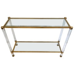Two-Tier Lucite and Brass Console Table in the Taste of Pierre Vandel Two-Tier Lucite and Brass Console Table in the Taste of Pierre Vandel