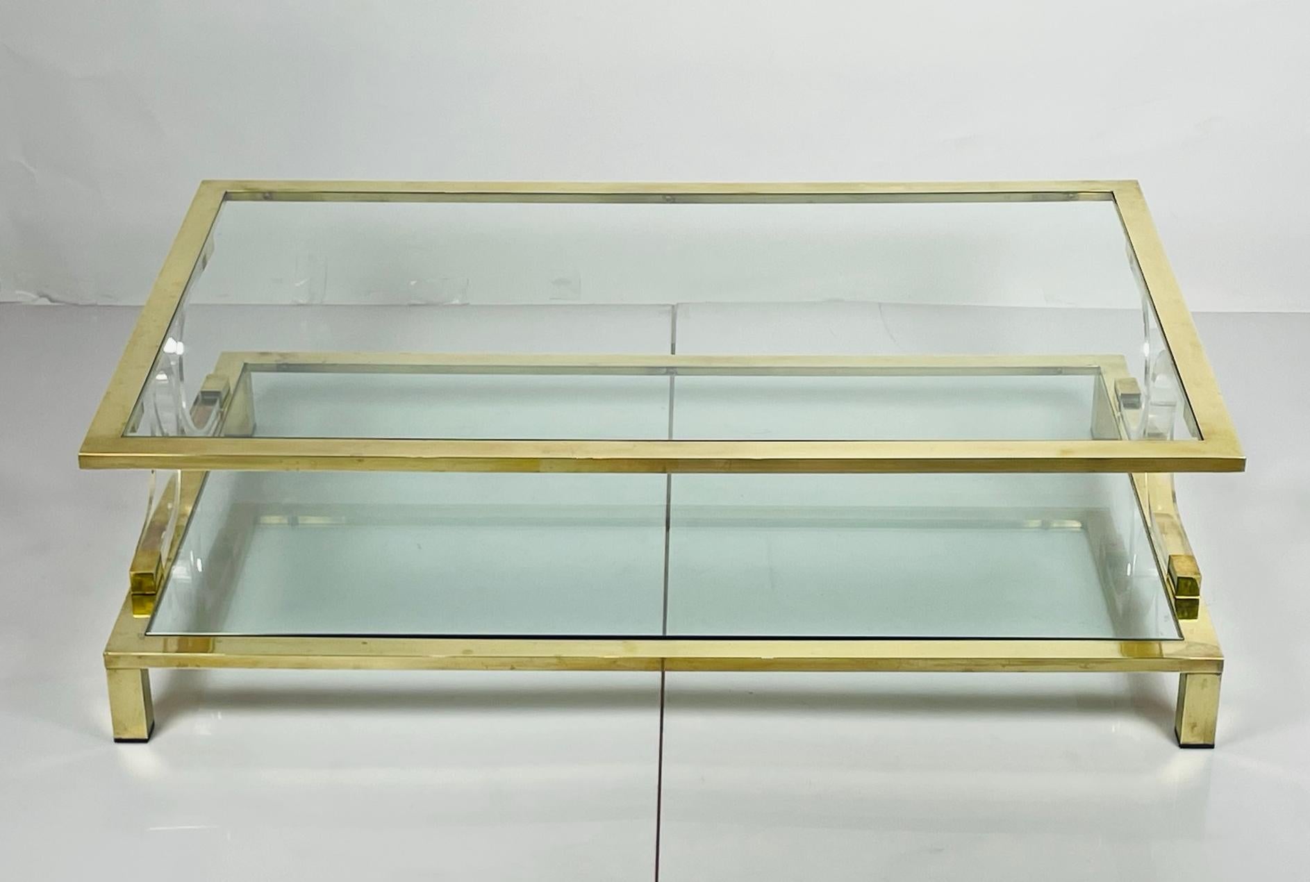 Hand-Crafted Two Tier Lucite & Brass Coffee Table in the Style of Charles Hollis Jones. For Sale