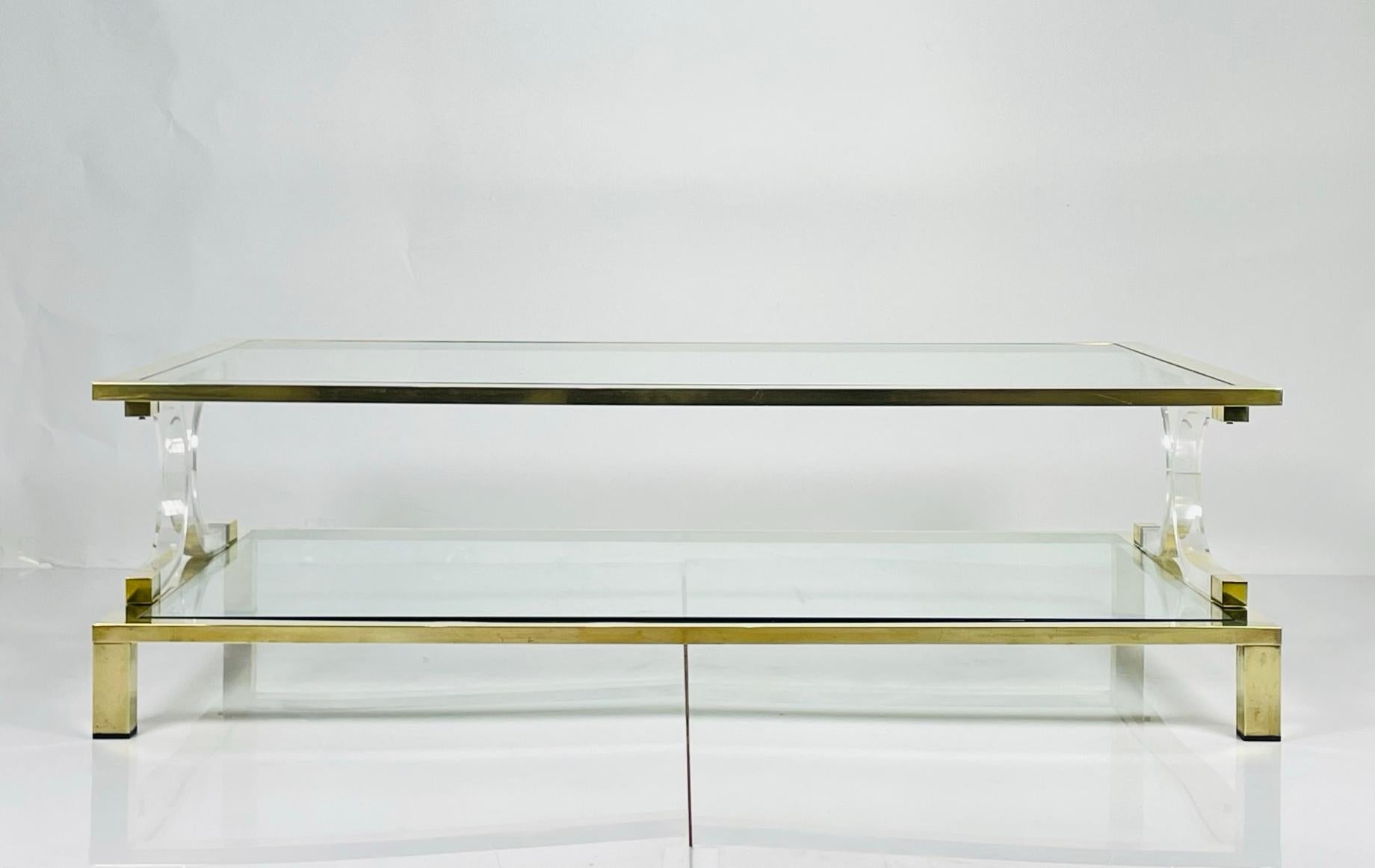 Two Tier Lucite & Brass Coffee Table in the Style of Charles Hollis Jones. In Good Condition For Sale In Los Angeles, CA