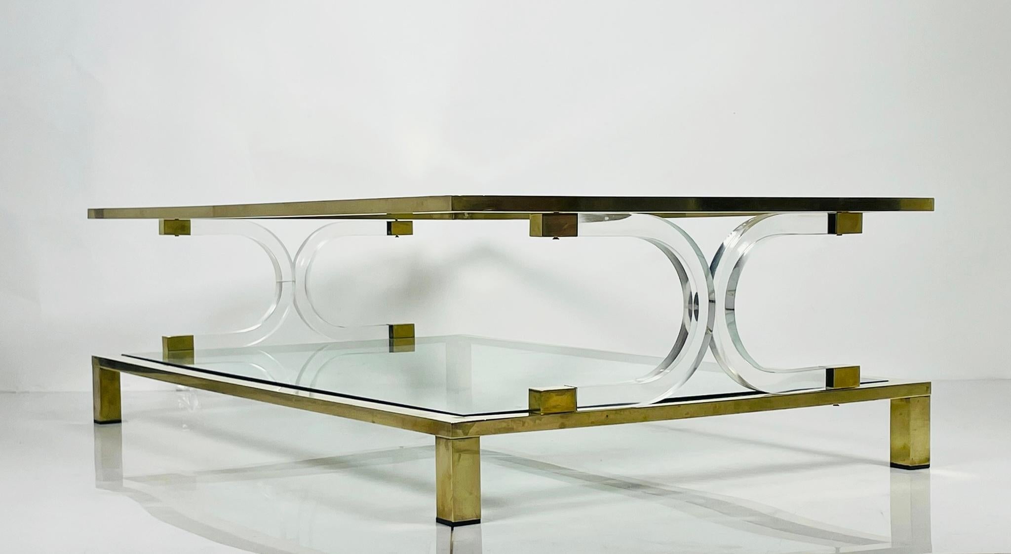 Late 20th Century Two Tier Lucite & Brass Coffee Table in the Style of Charles Hollis Jones. For Sale