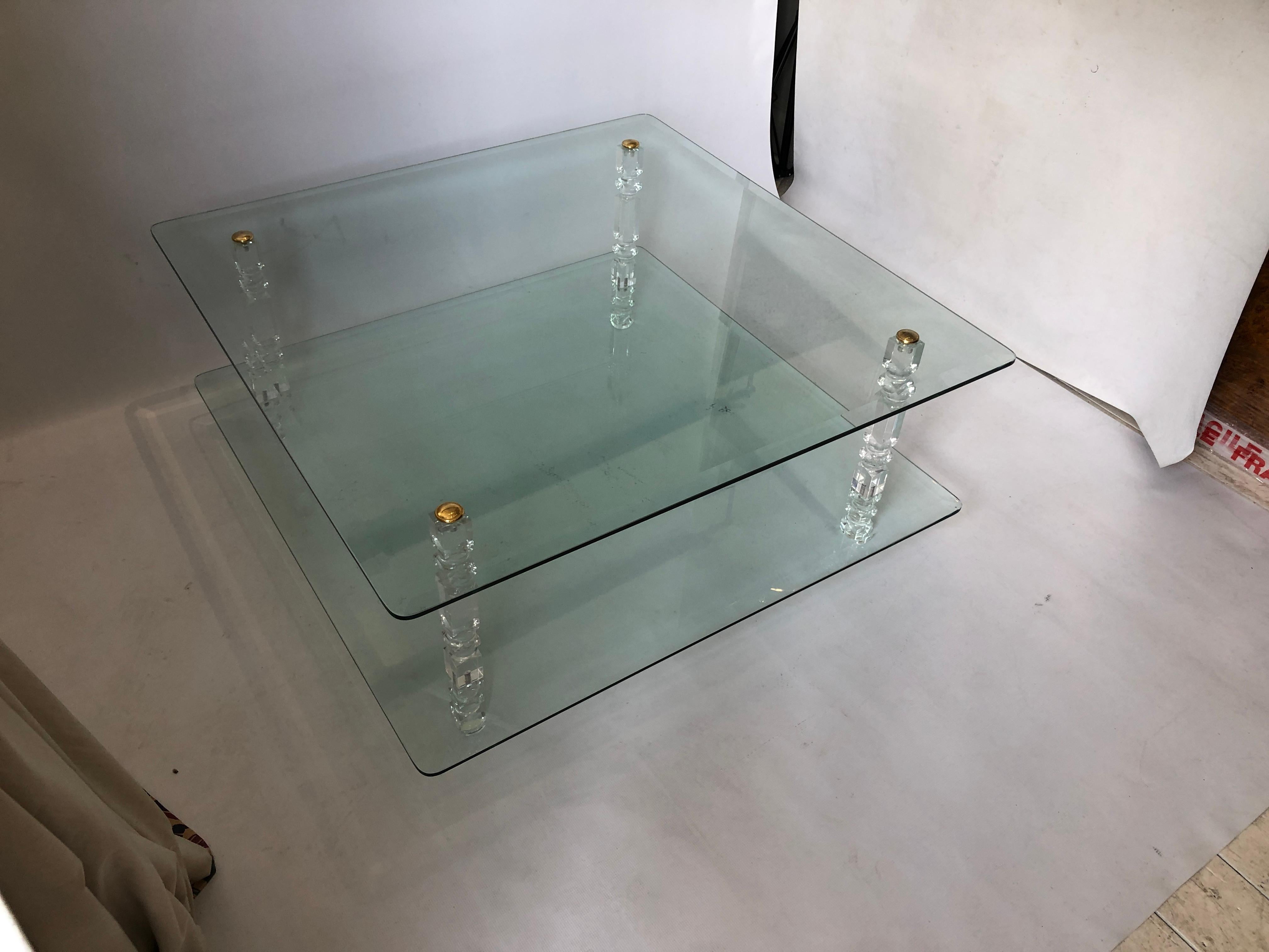Post-Modern Two-Tier Lucite Glass Brass Coffee Table 1970s Modernist Charles Hollis Jones For Sale
